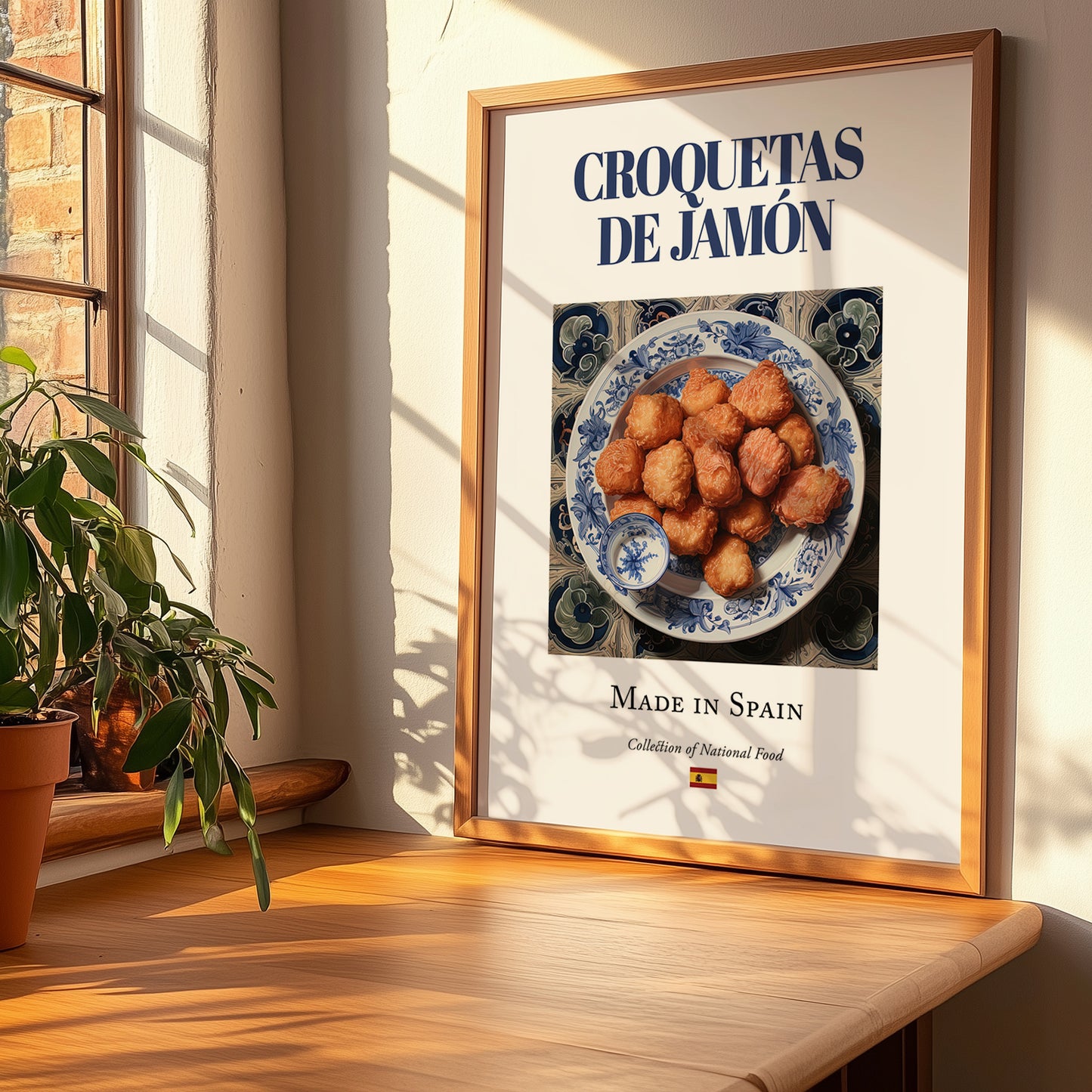 Croquetas de Jamón – Spanish Snack Dish, Tavern Illustration, no-text version framed in wood