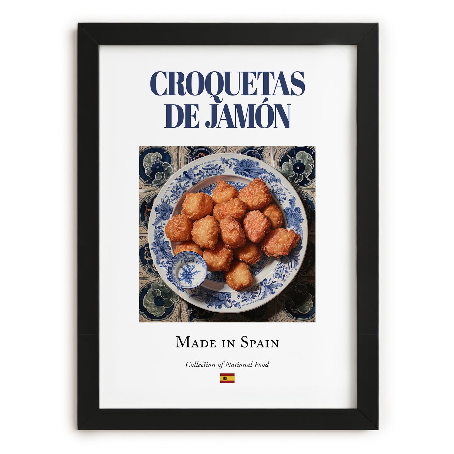 Croquetas de Jamón – Spanish Snack Dish, Tavern Illustration, in sleek black frame