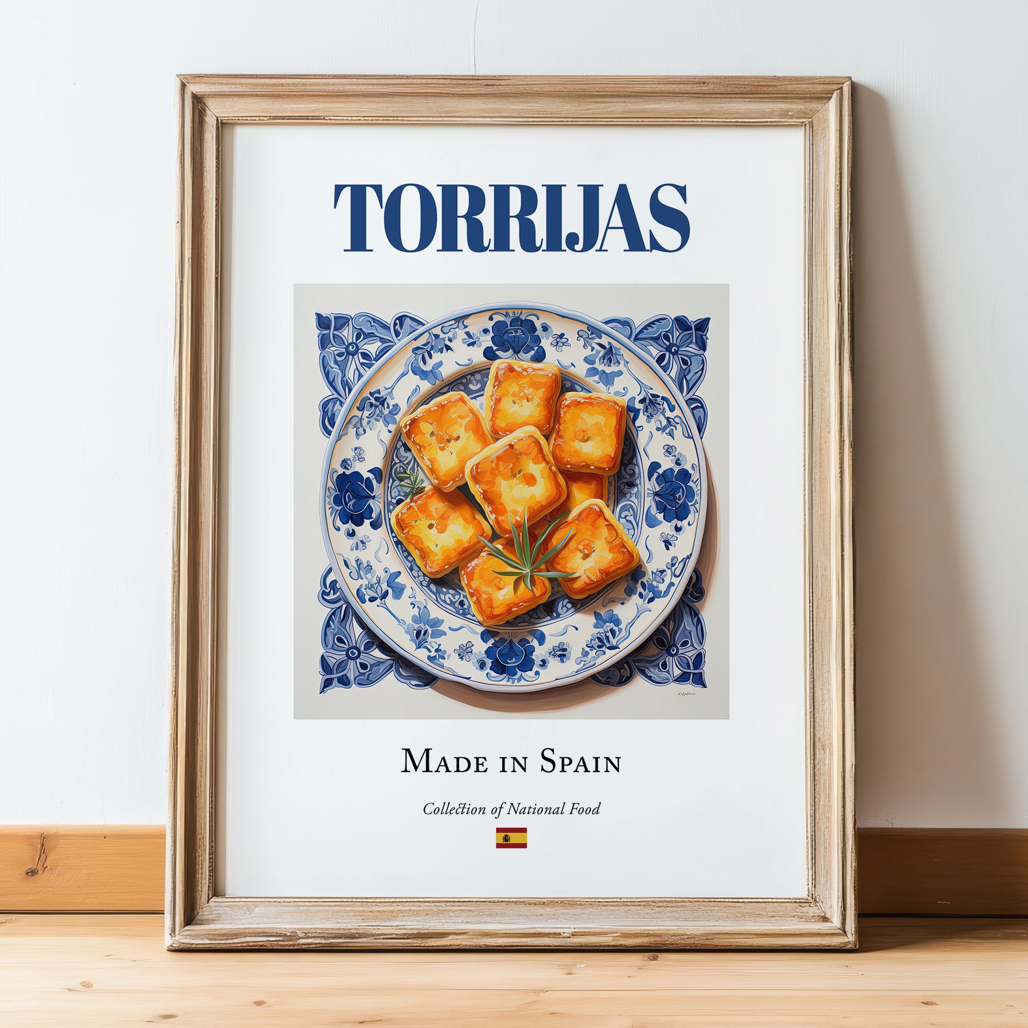 Torrijas – Spanish Dessert Dish, Fine Dining Restaurant Wall Art, in wooden frame leaning on the floor