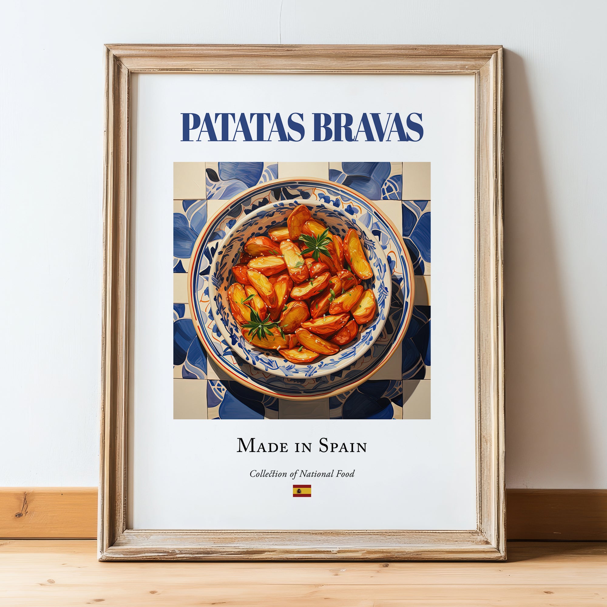 Patatas bravas – Spanish Snack Dish, Tavern Poster, in wooden frame leaning on the floor