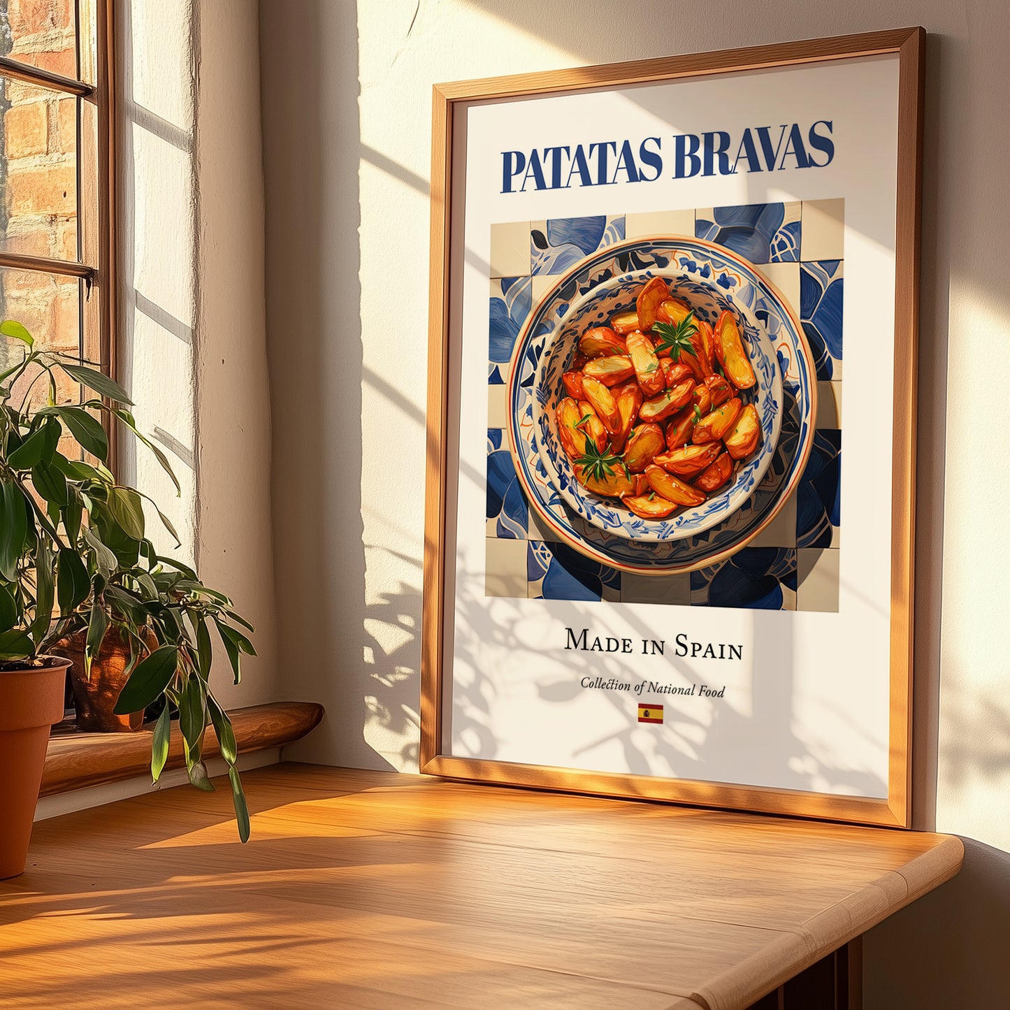 Patatas bravas – Spanish Snack Dish, Tavern Poster, no-text version framed in wood