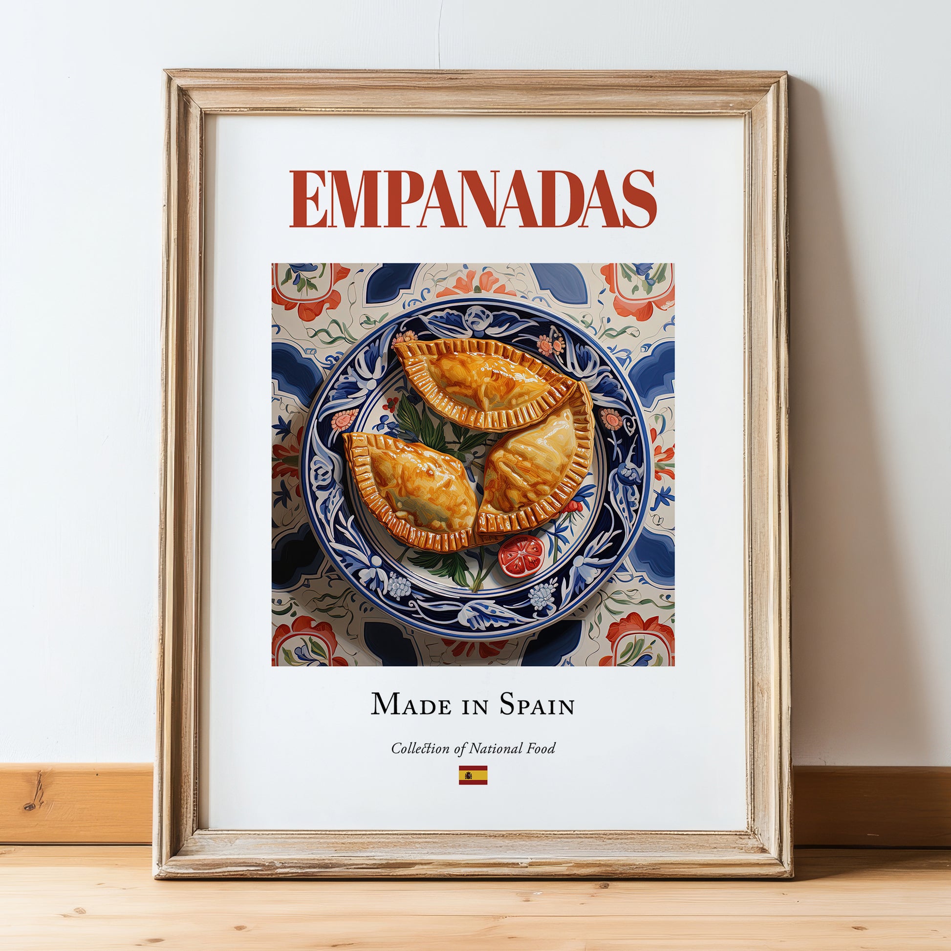 Empanadas – Spanish Snack Dish, Bistro Painting, in wooden frame leaning on the floor