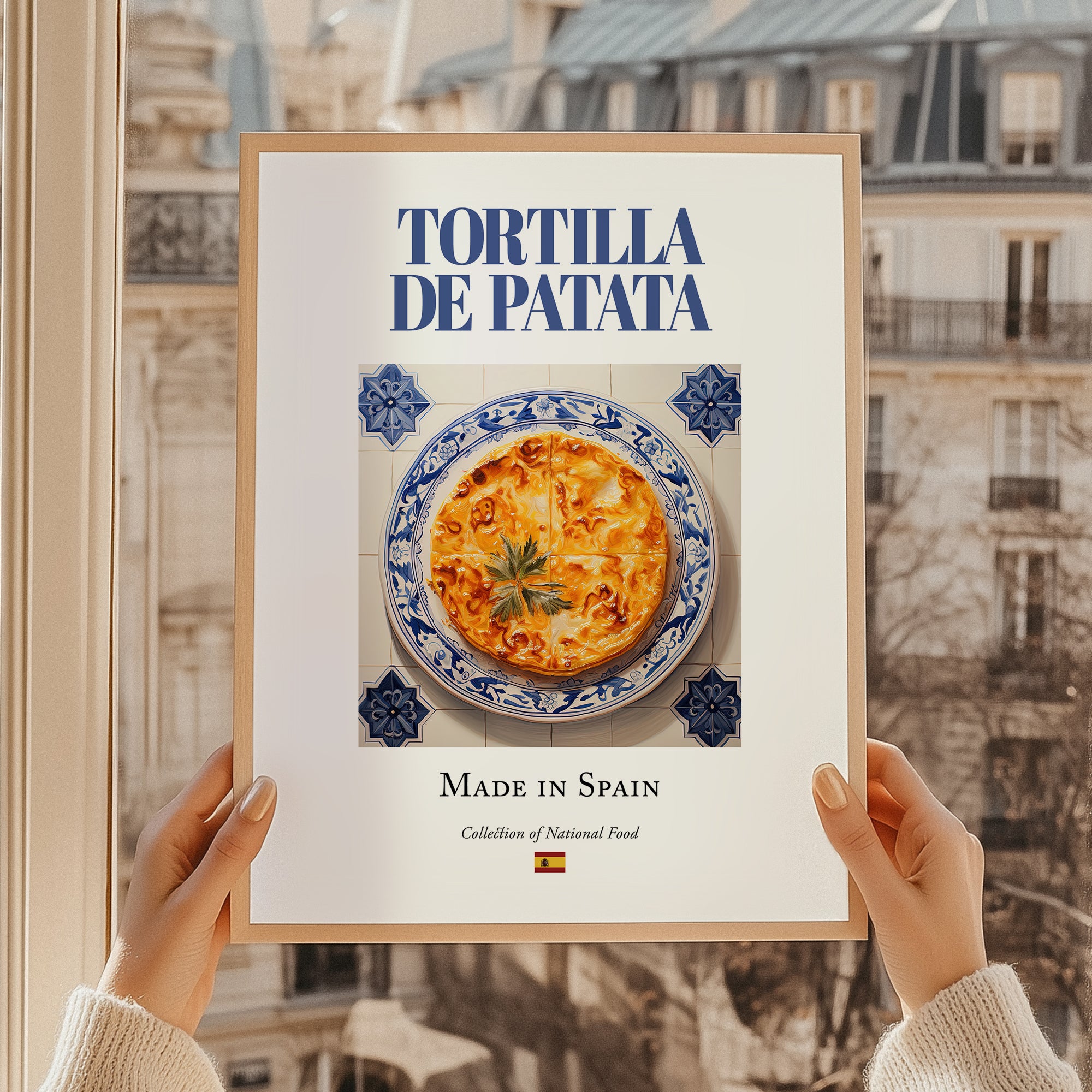Tortilla de patata – Spanish Dish, Bistro Poster, styled in a charming Paris street view