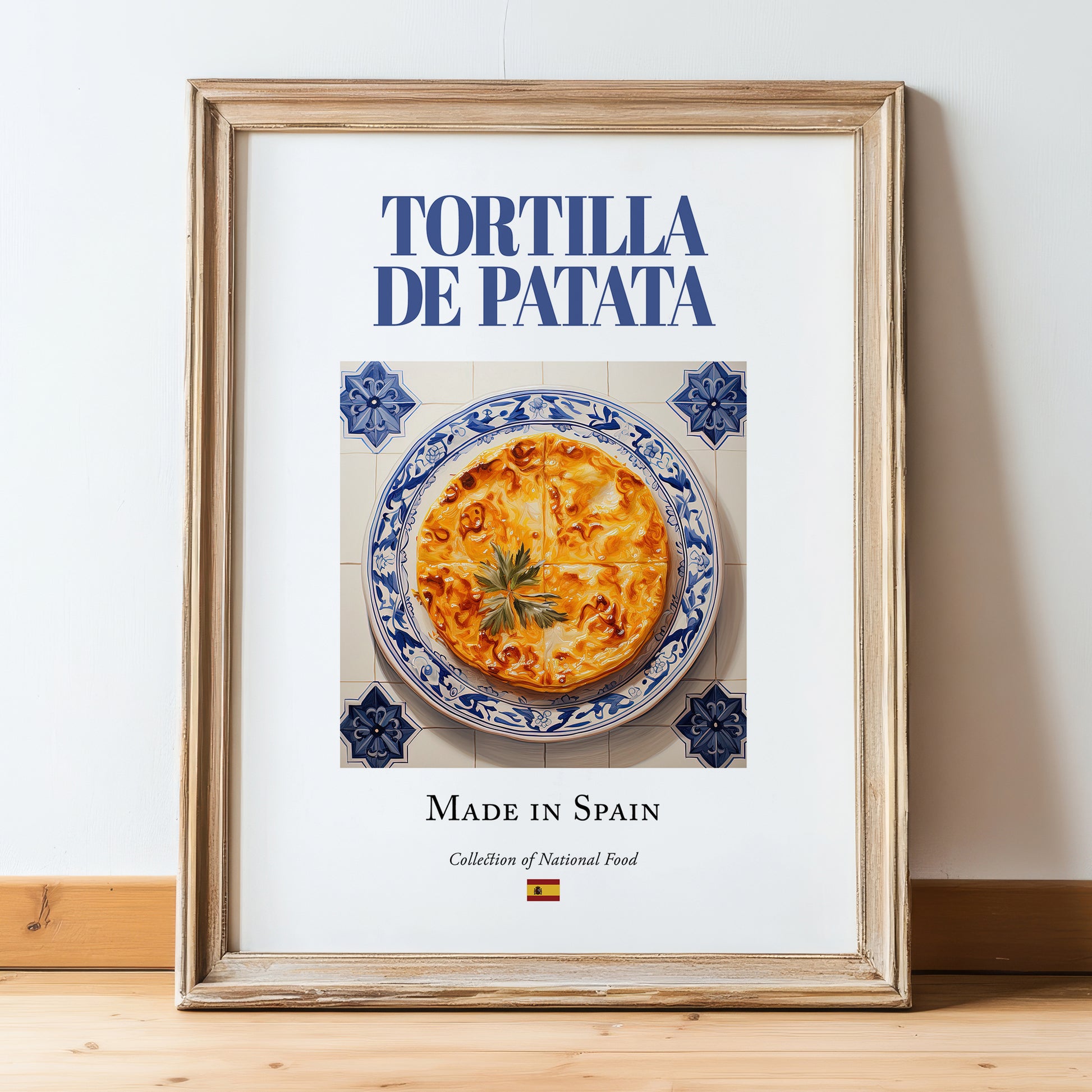 Tortilla de patata – Spanish Dish, Bistro Poster, in wooden frame leaning on the floor