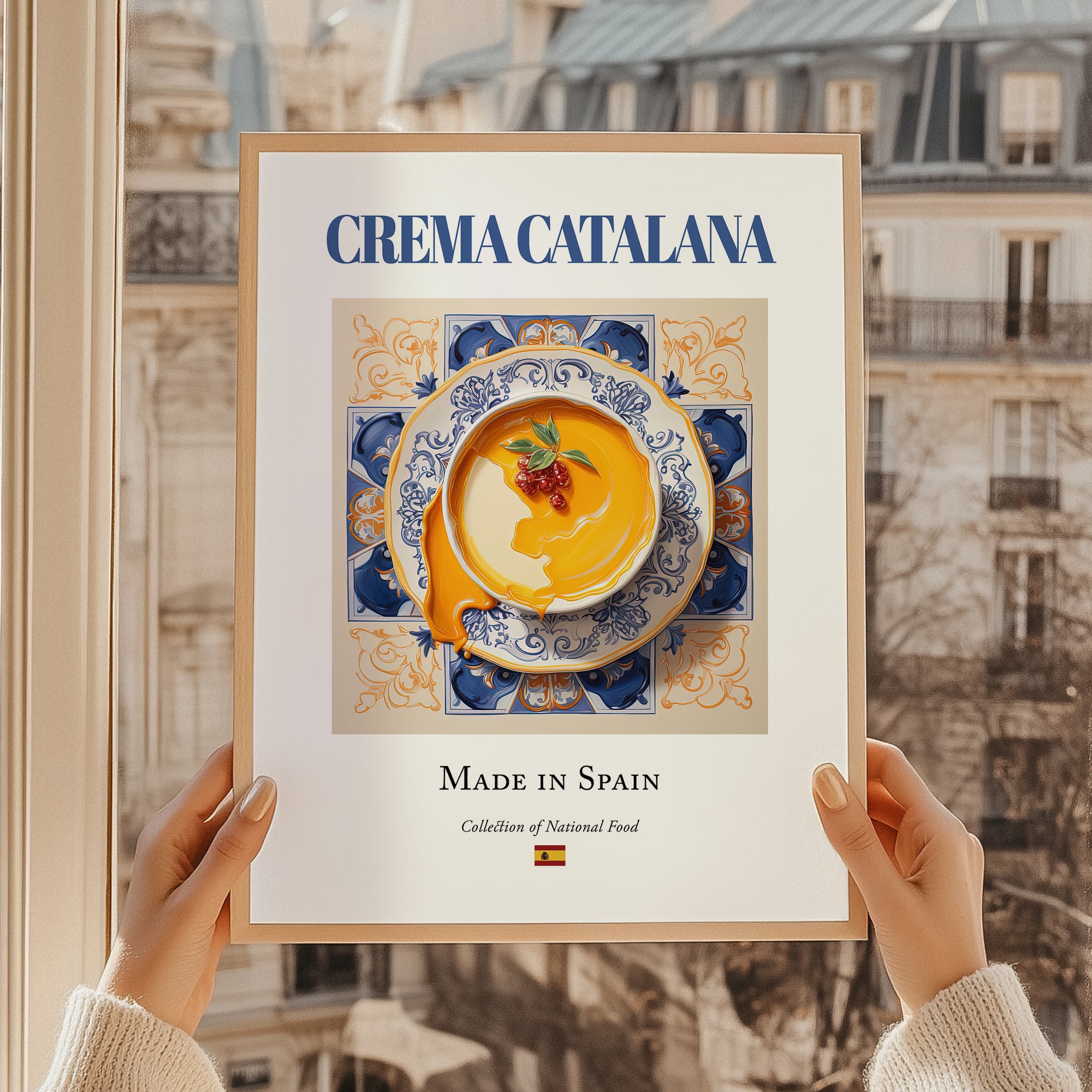 Crema Catalana – Spanish Dessert Dish, Restaurant Poster, styled in a charming Paris street view