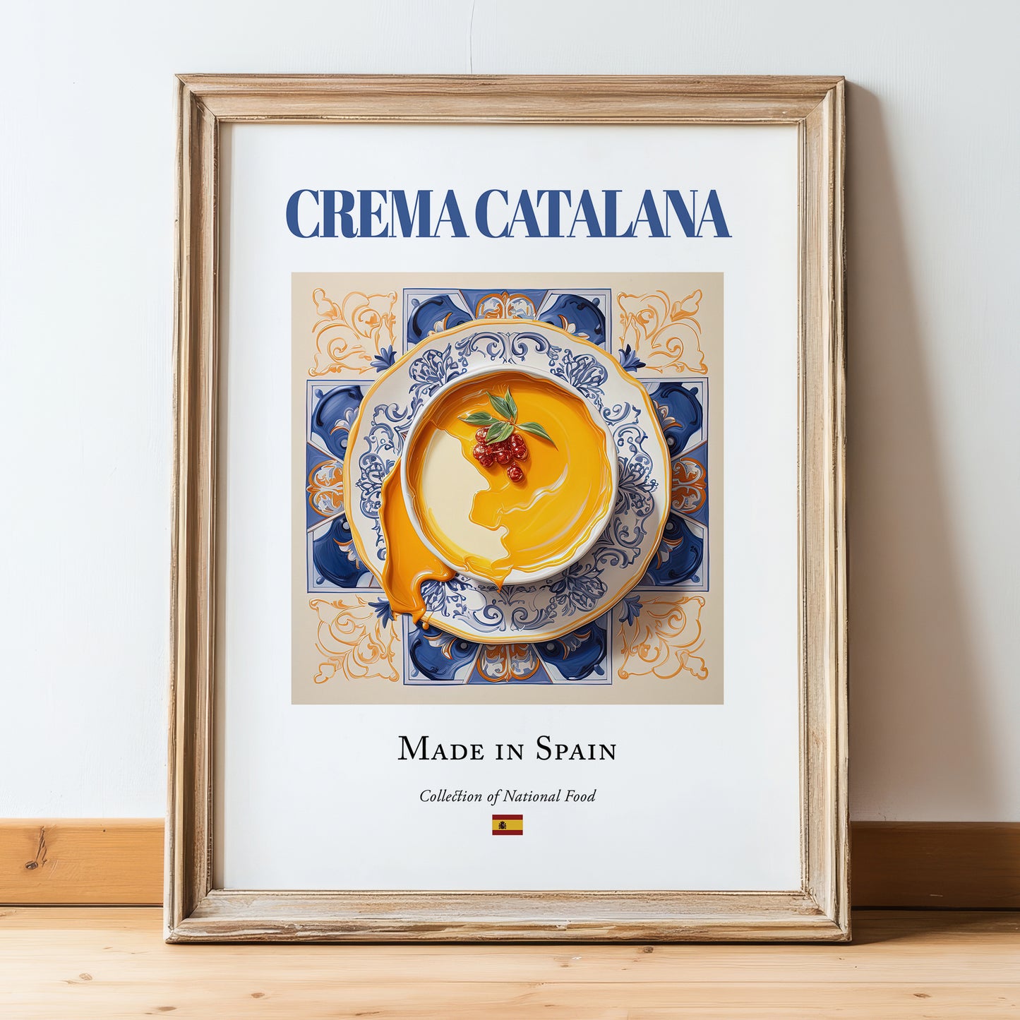Crema Catalana – Spanish Dessert Dish, Restaurant Poster, in wooden frame leaning on the floor