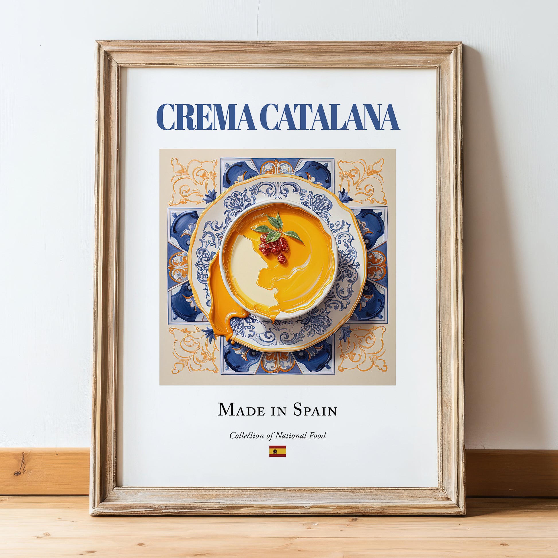 Crema Catalana – Spanish Dessert Dish, Restaurant Poster, in wooden frame leaning on the floor