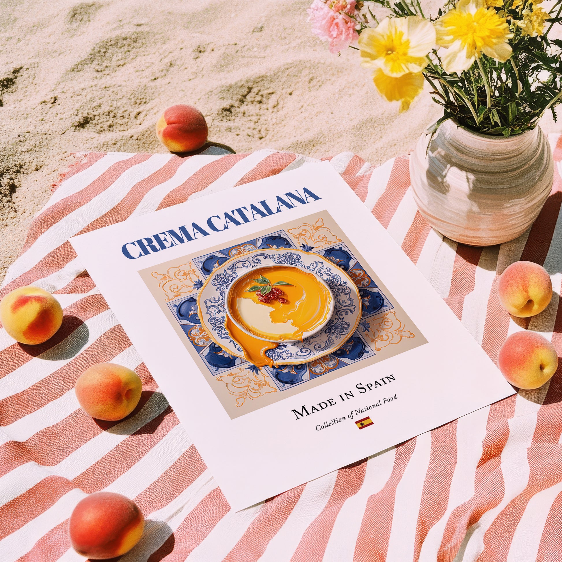 Crema Catalana – Spanish Dessert Dish, Restaurant Poster, unframed on coastal sand