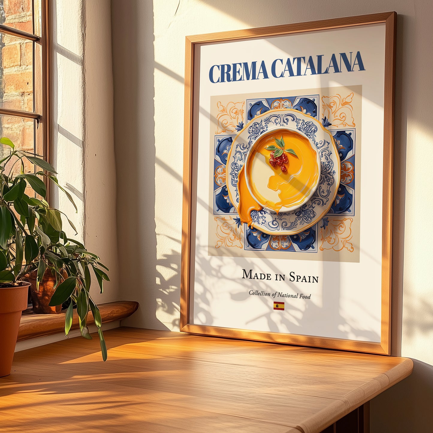Crema Catalana – Spanish Dessert Dish, Restaurant Poster, no-text version framed in wood