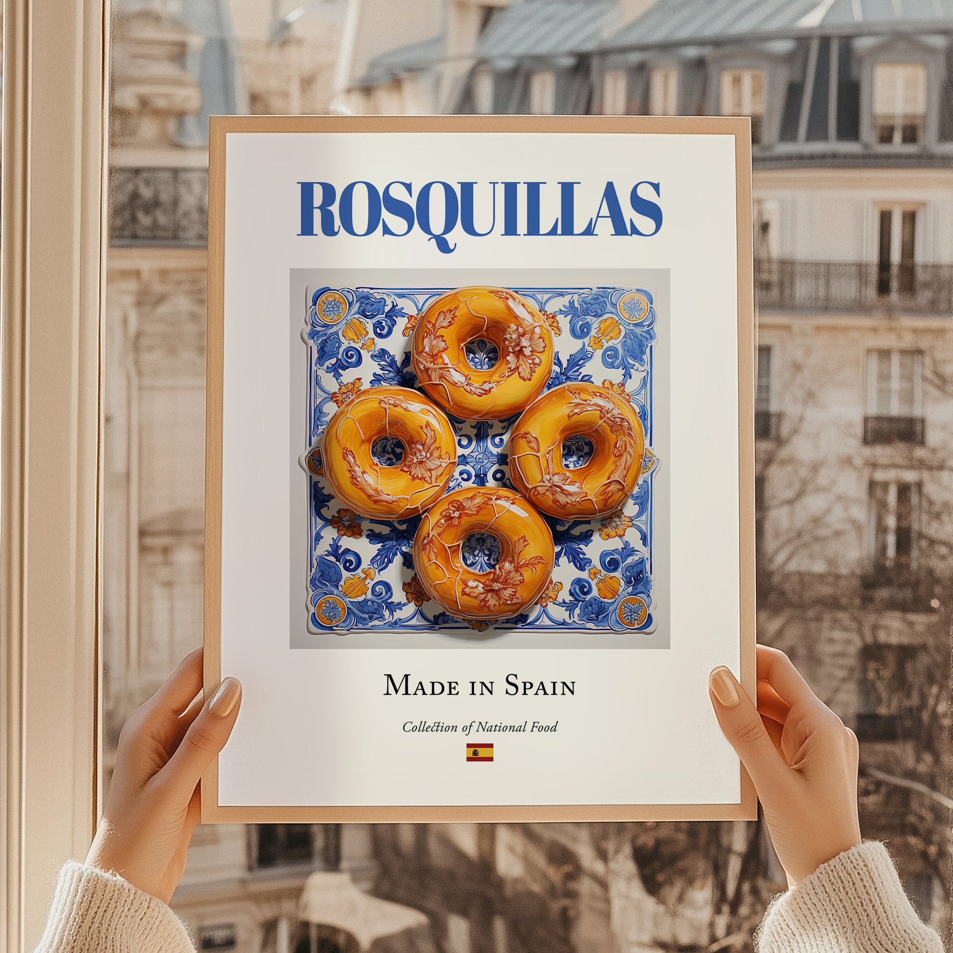 Rosquillas – Spanish Dessert Dish, Food Bar Painting, styled in a charming Paris street view