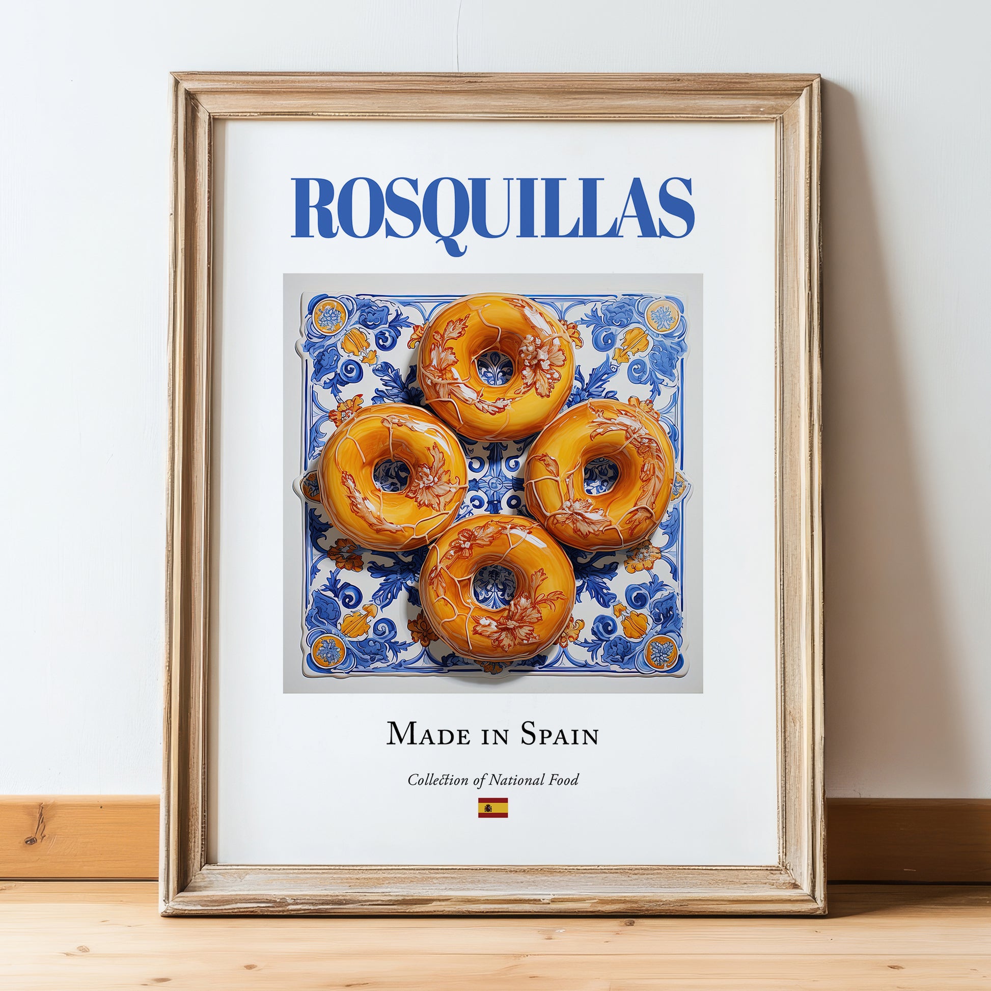 Rosquillas – Spanish Dessert Dish, Food Bar Painting, in wooden frame leaning on the floor