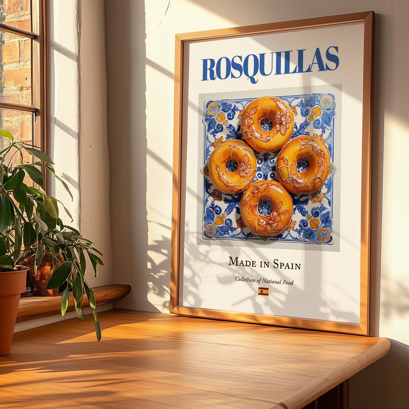 Rosquillas – Spanish Dessert Dish, Food Bar Painting, no-text version framed in wood
