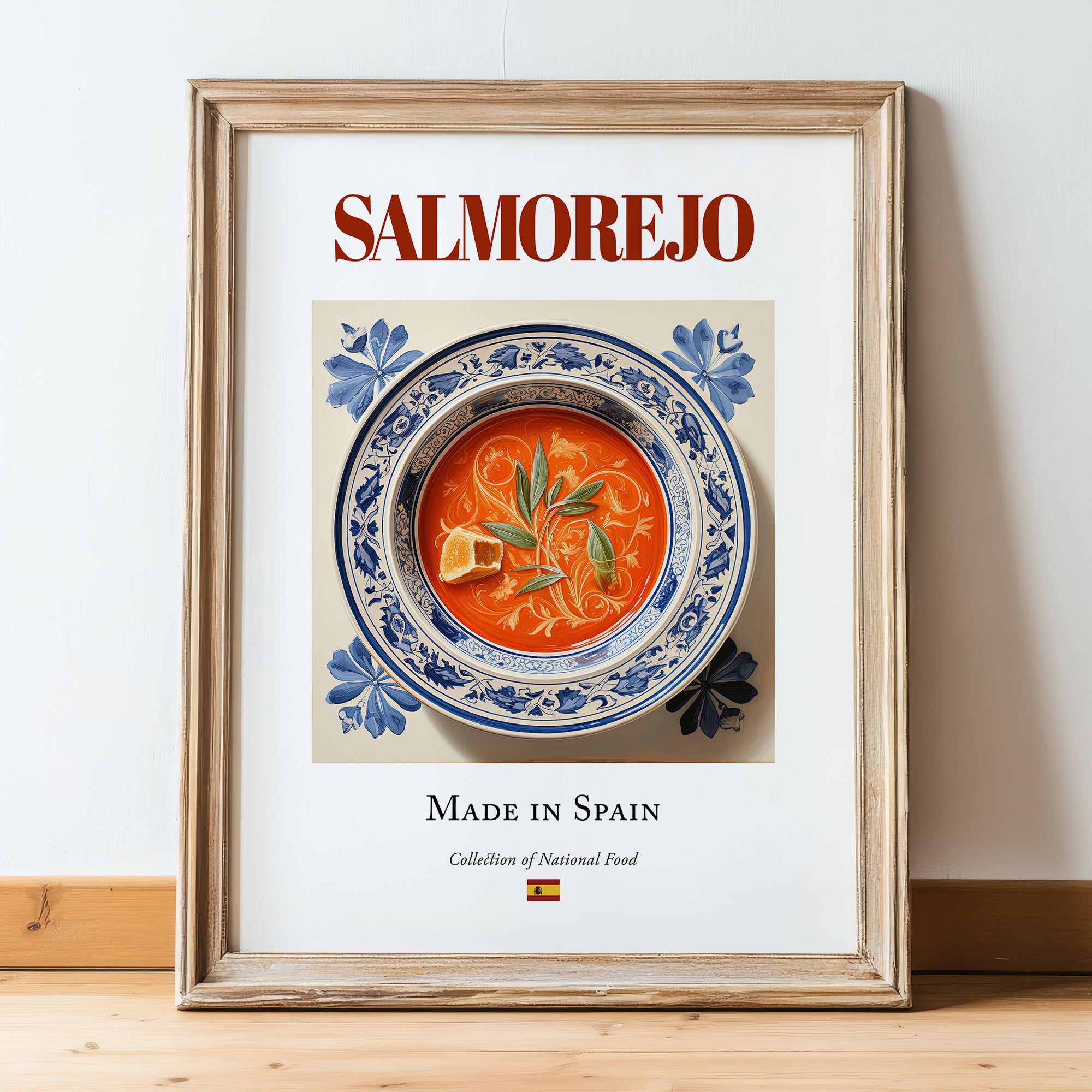 Salmorejo – Spanish Soup Dish, Bistro Still Life, in wooden frame leaning on the floor