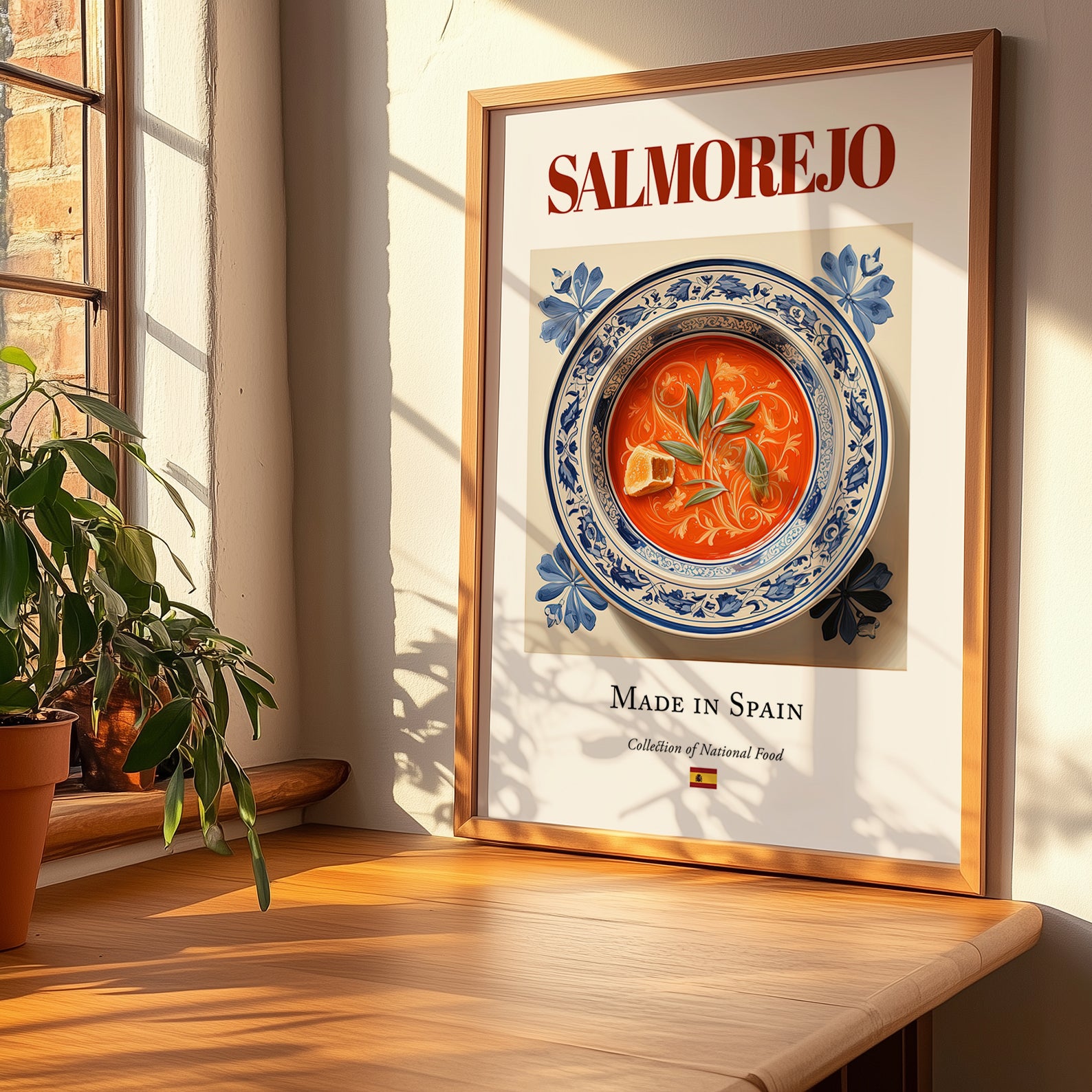 Salmorejo – Spanish Soup Dish, Bistro Still Life, no-text version framed in wood