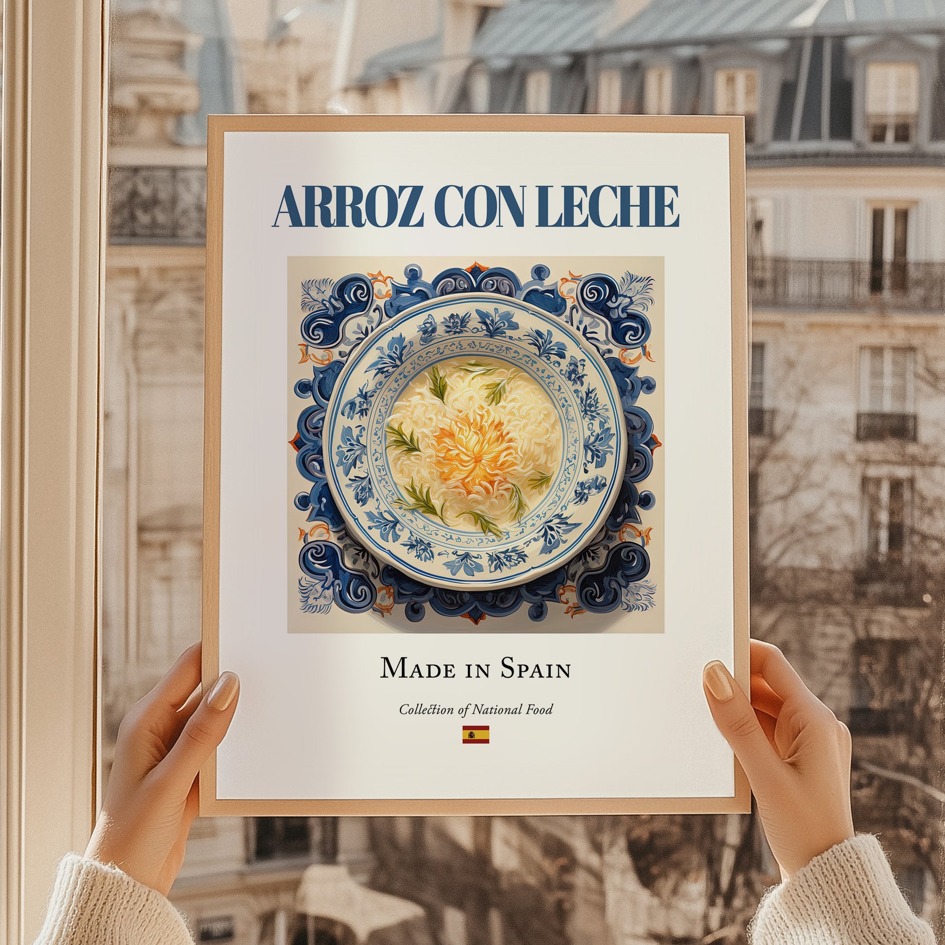 Arroz con leche – Spanish Dessert Dish, Food Bar Poster, styled in a charming Paris street view