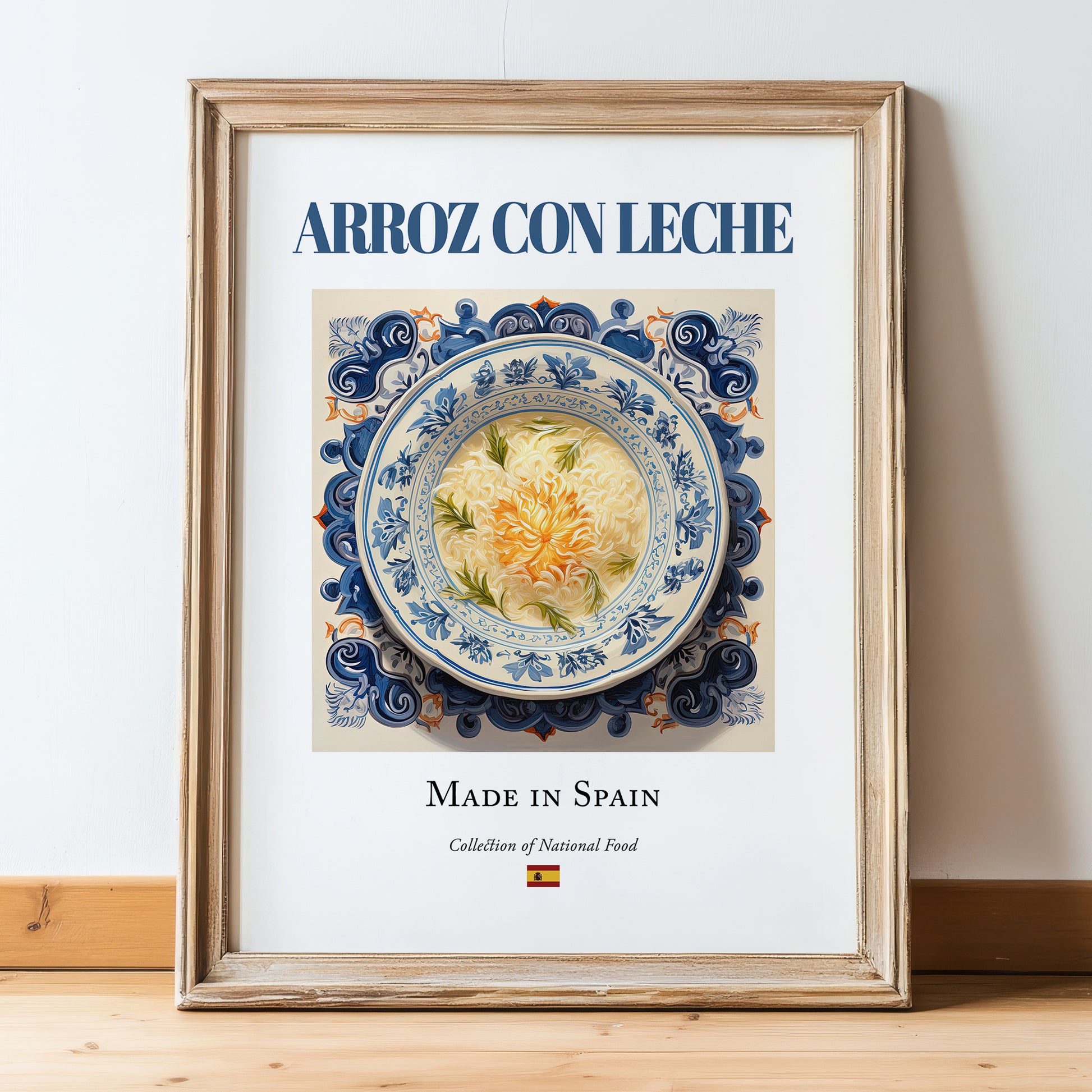 Arroz con leche – Spanish Dessert Dish, Food Bar Poster, in wooden frame leaning on the floor
