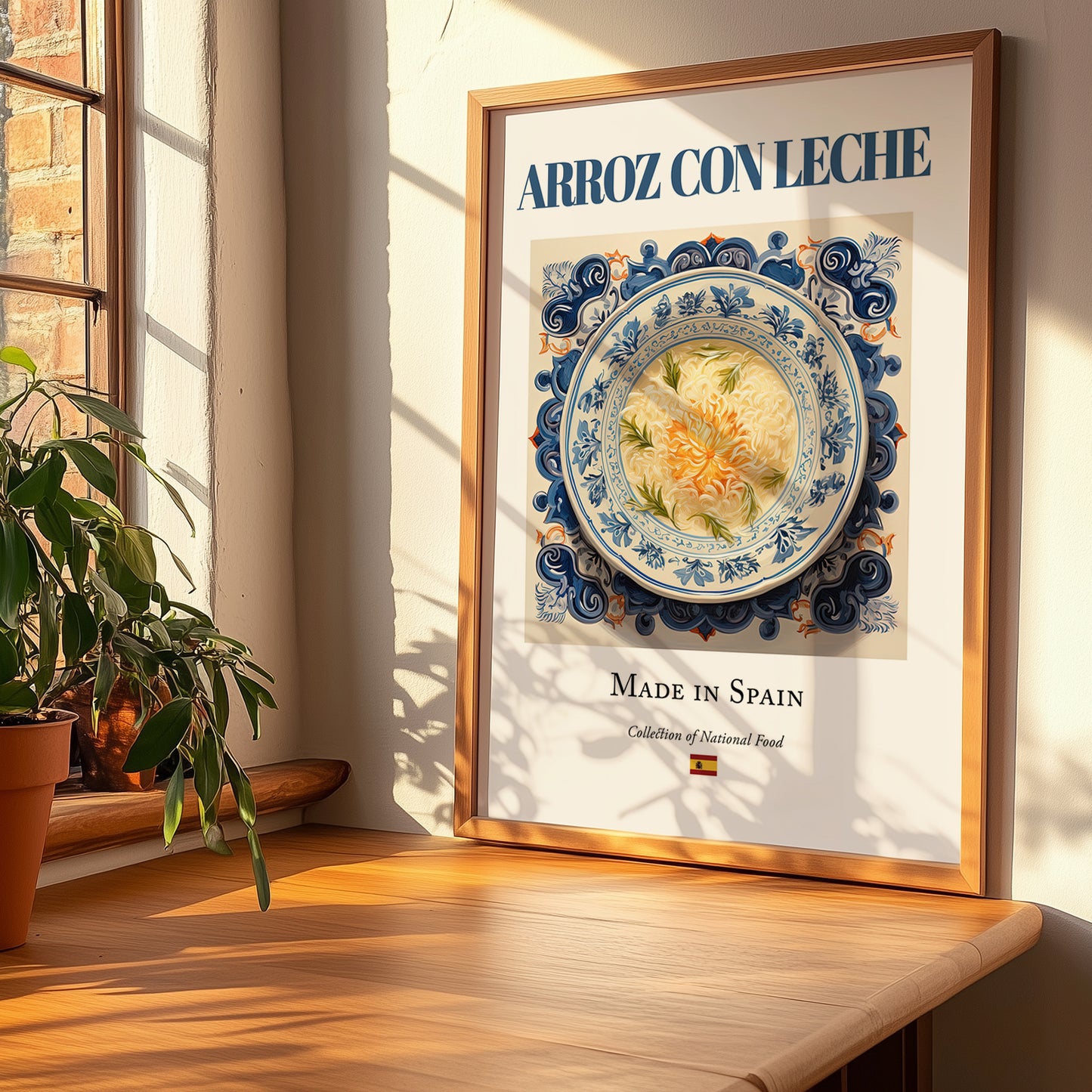Arroz con leche – Spanish Dessert Dish, Food Bar Poster, no-text version framed in wood