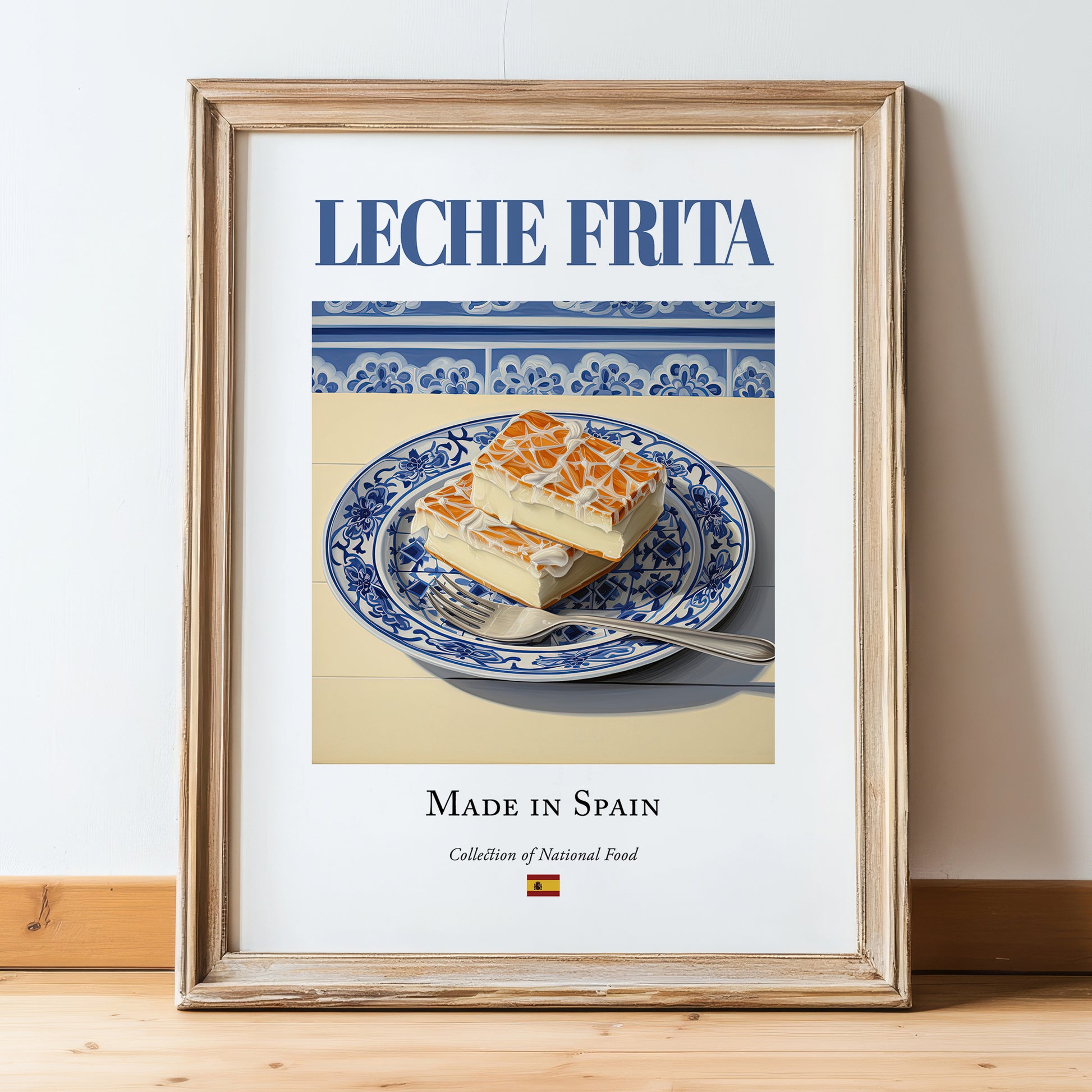 Leche frita – Spanish Dessert Dish, Farmhouse Kitchen Art, in wooden frame leaning on the floor