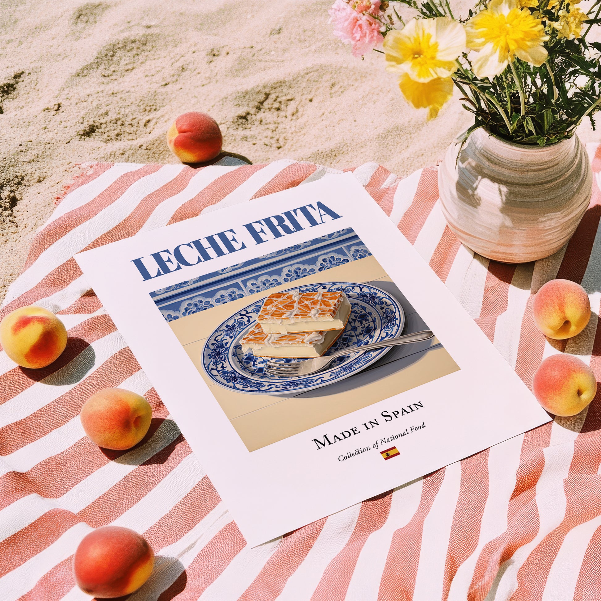 Leche frita – Spanish Dessert Dish, Farmhouse Kitchen Art, unframed on coastal sand