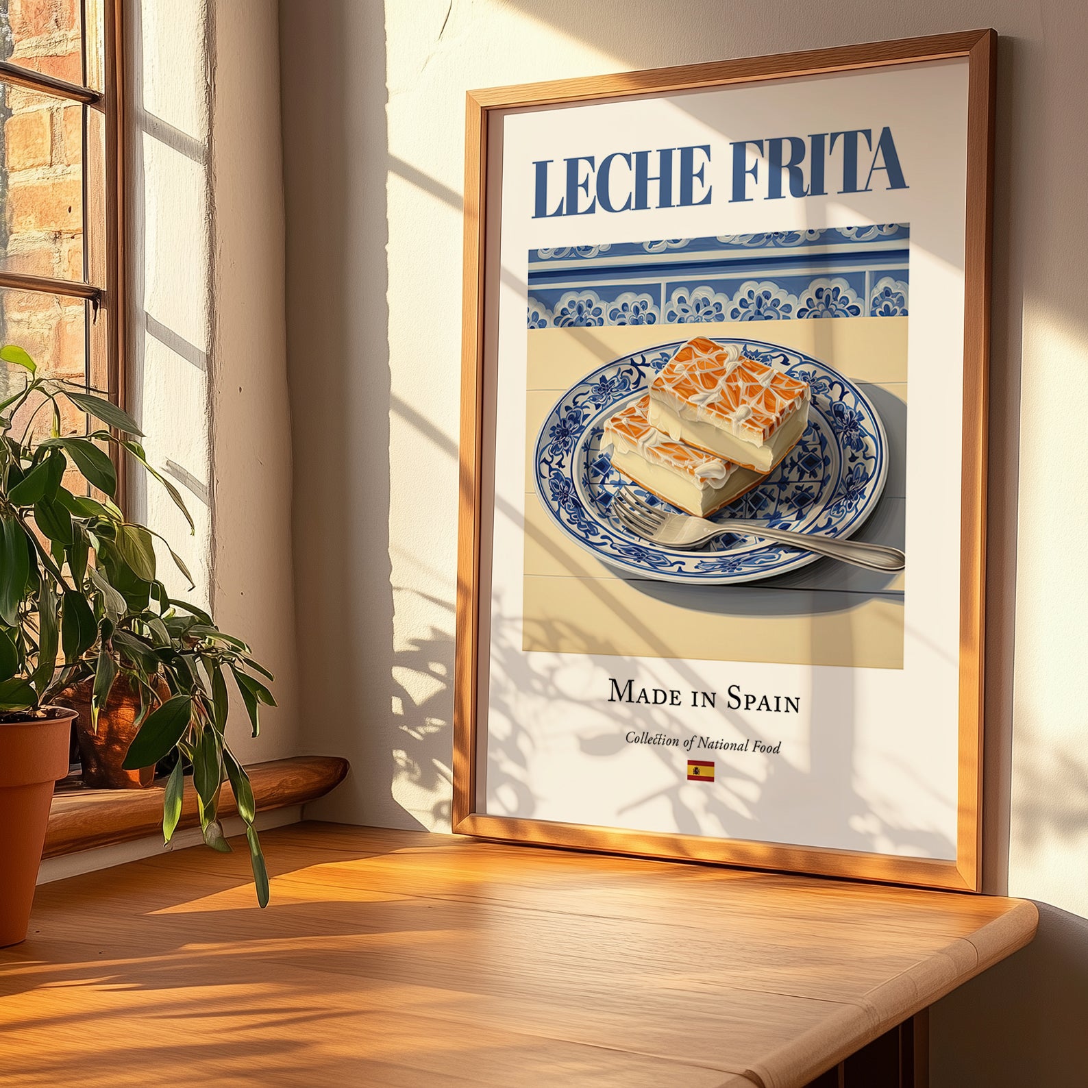 Leche frita – Spanish Dessert Dish, Farmhouse Kitchen Art, no-text version framed in wood
