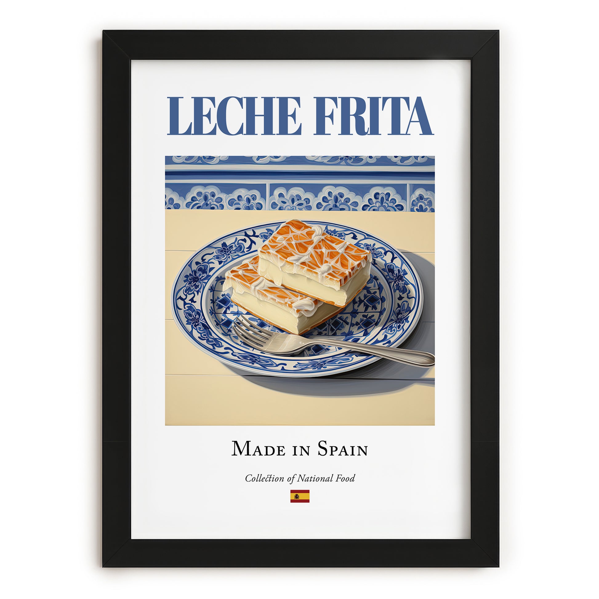 Leche frita – Spanish Dessert Dish, Farmhouse Kitchen Art, in sleek black frame