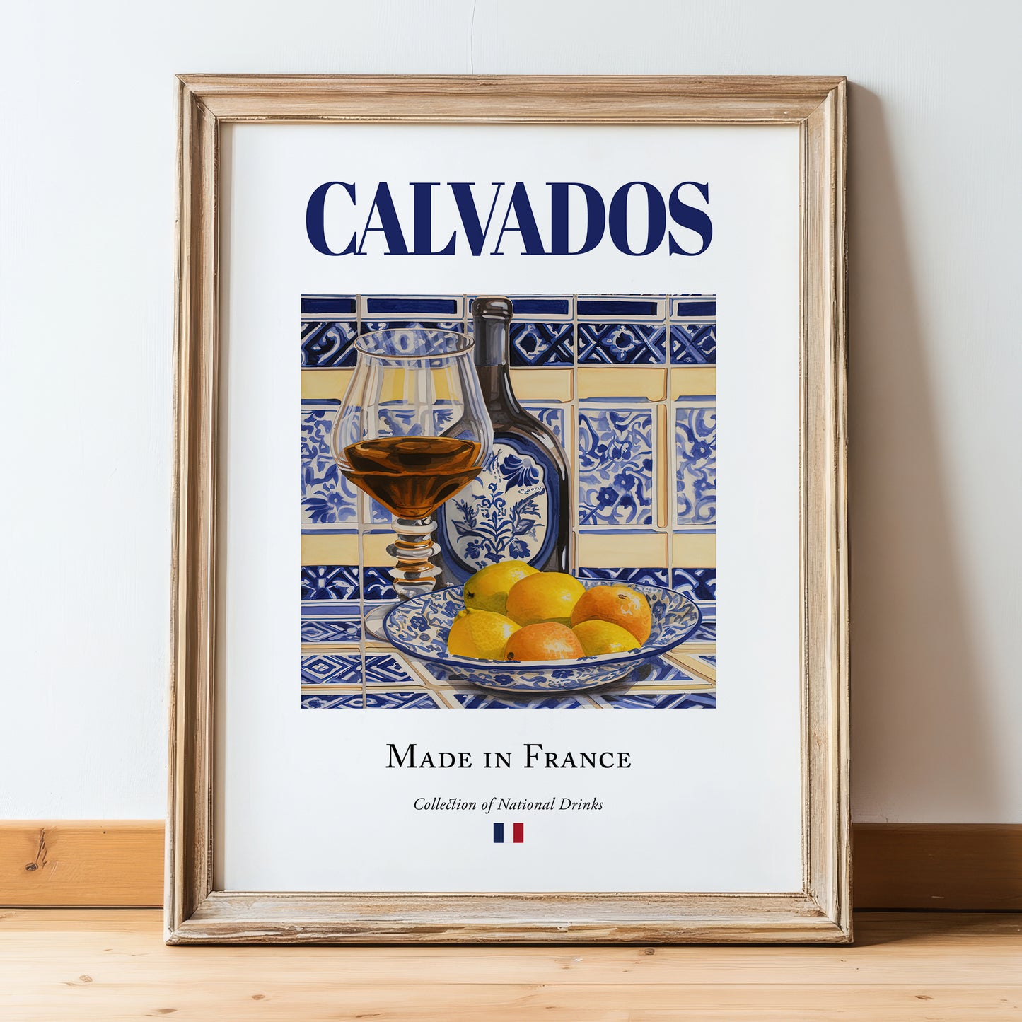 Calvados – French Spirit Drink, Beach Bar Art, in wooden frame leaning on the floor