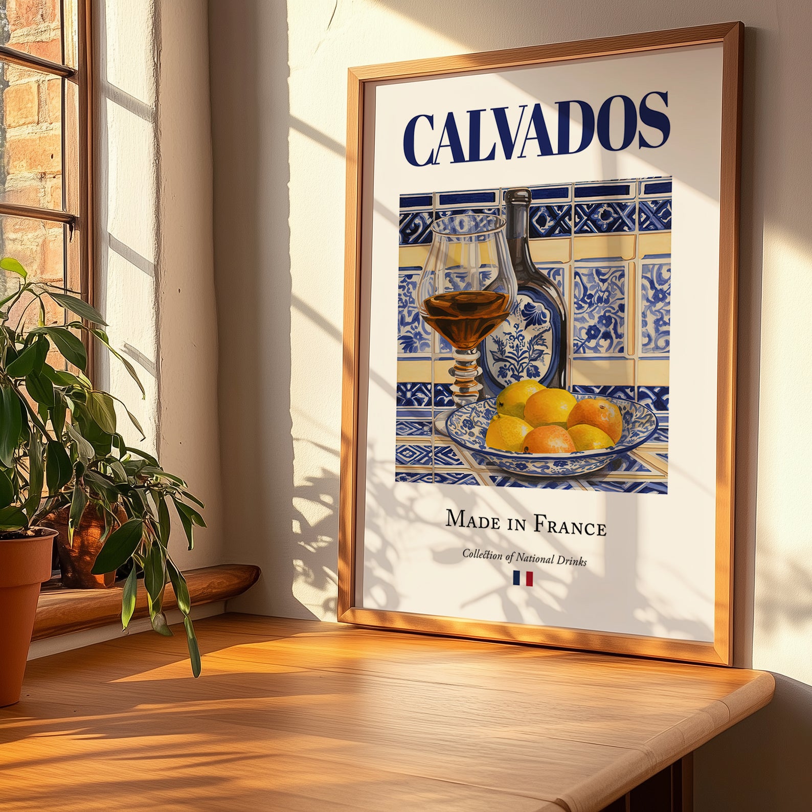 Calvados – French Spirit Drink, Beach Bar Art, no-text version framed in wood