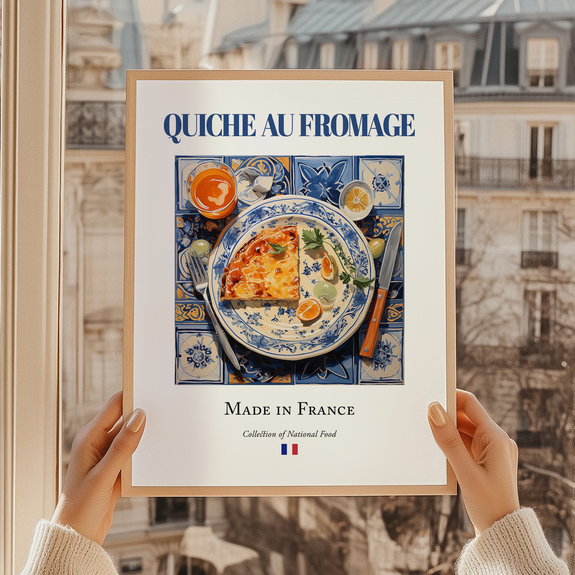 Quiche au fromage – French Dish, Bistro Painting, styled in a charming Paris street view