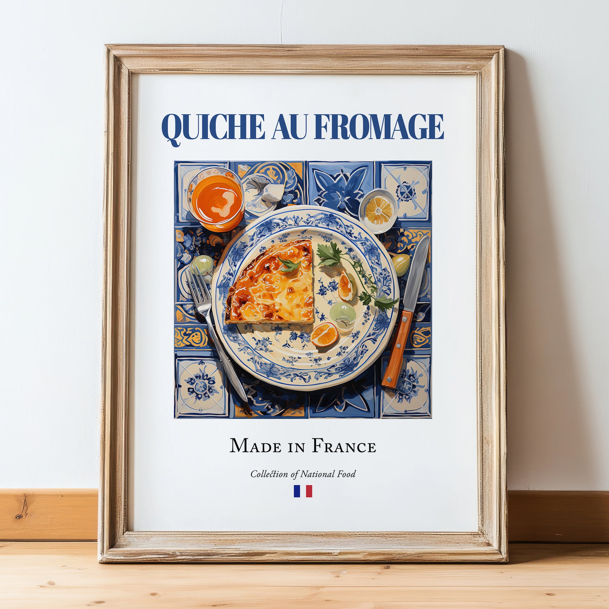 Quiche au fromage – French Dish, Bistro Painting, in wooden frame leaning on the floor