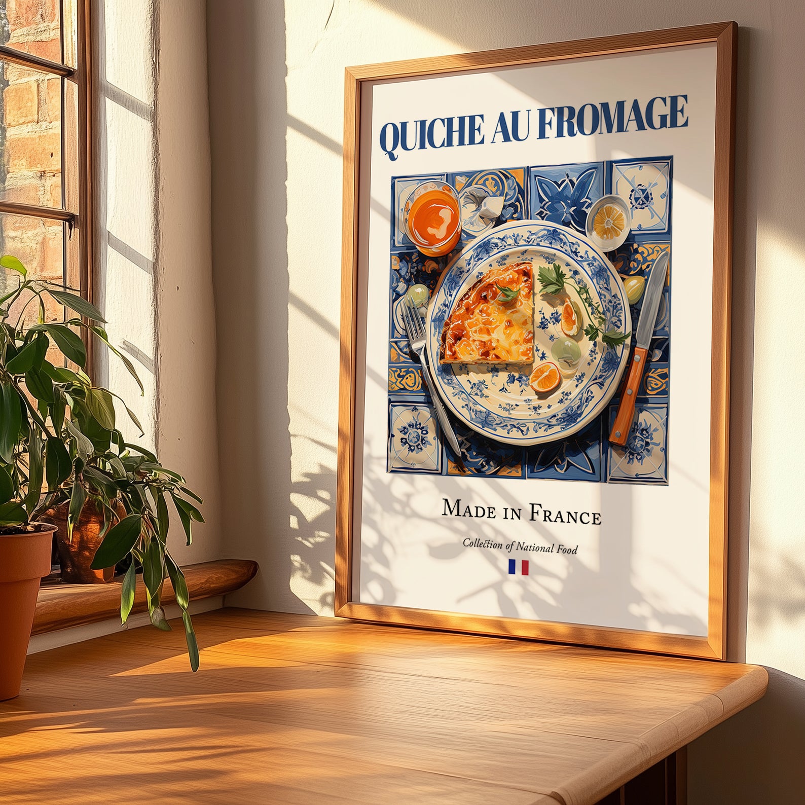 Quiche au fromage – French Dish, Bistro Painting, no-text version framed in wood