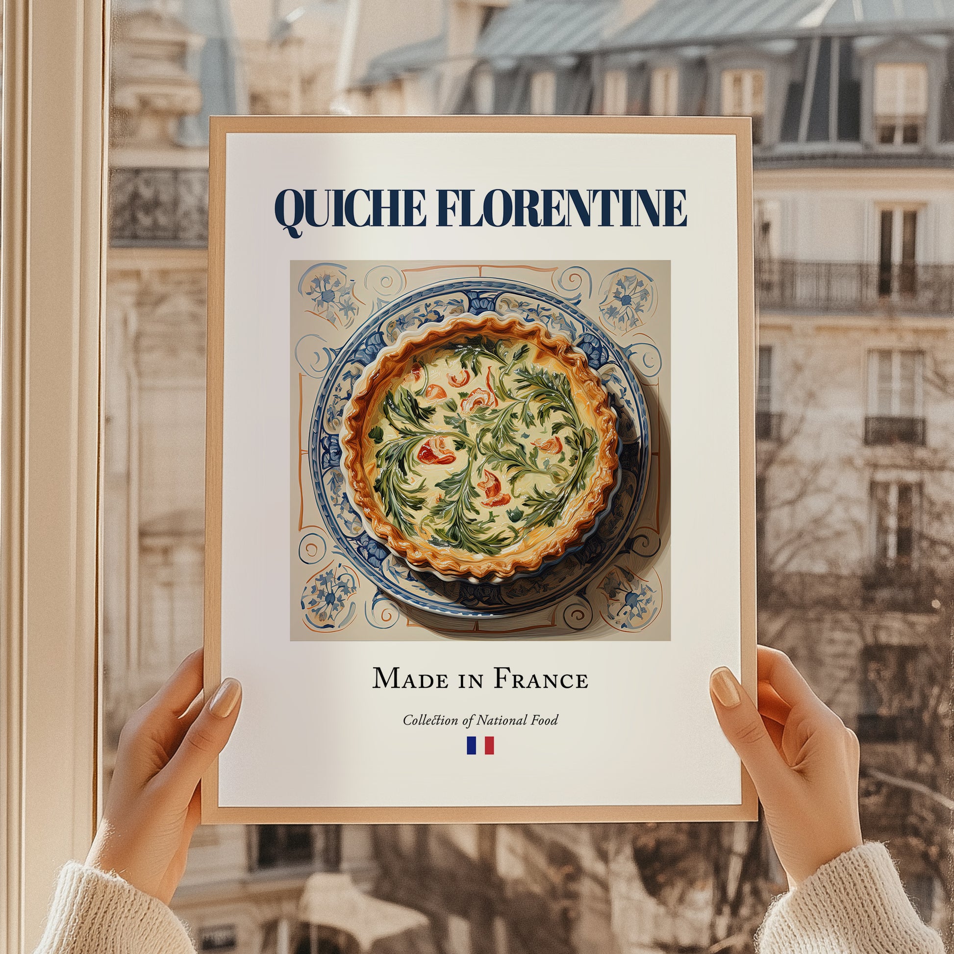 Quiche Florentine – French Dish, Tavern Still Life, styled in a charming Paris street view