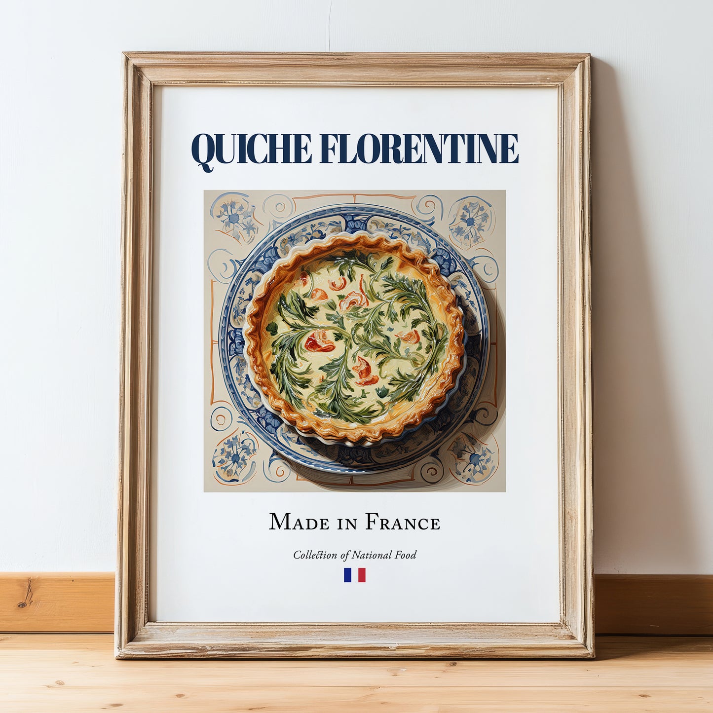 Quiche Florentine – French Dish, Tavern Still Life, in wooden frame leaning on the floor