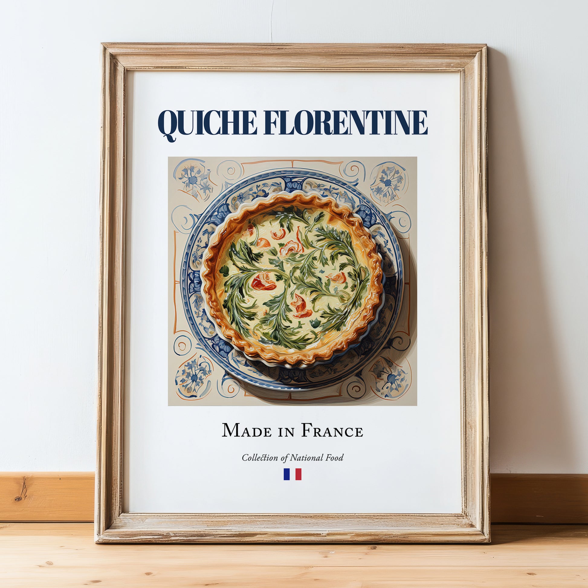 Quiche Florentine – French Dish, Tavern Still Life, in wooden frame leaning on the floor