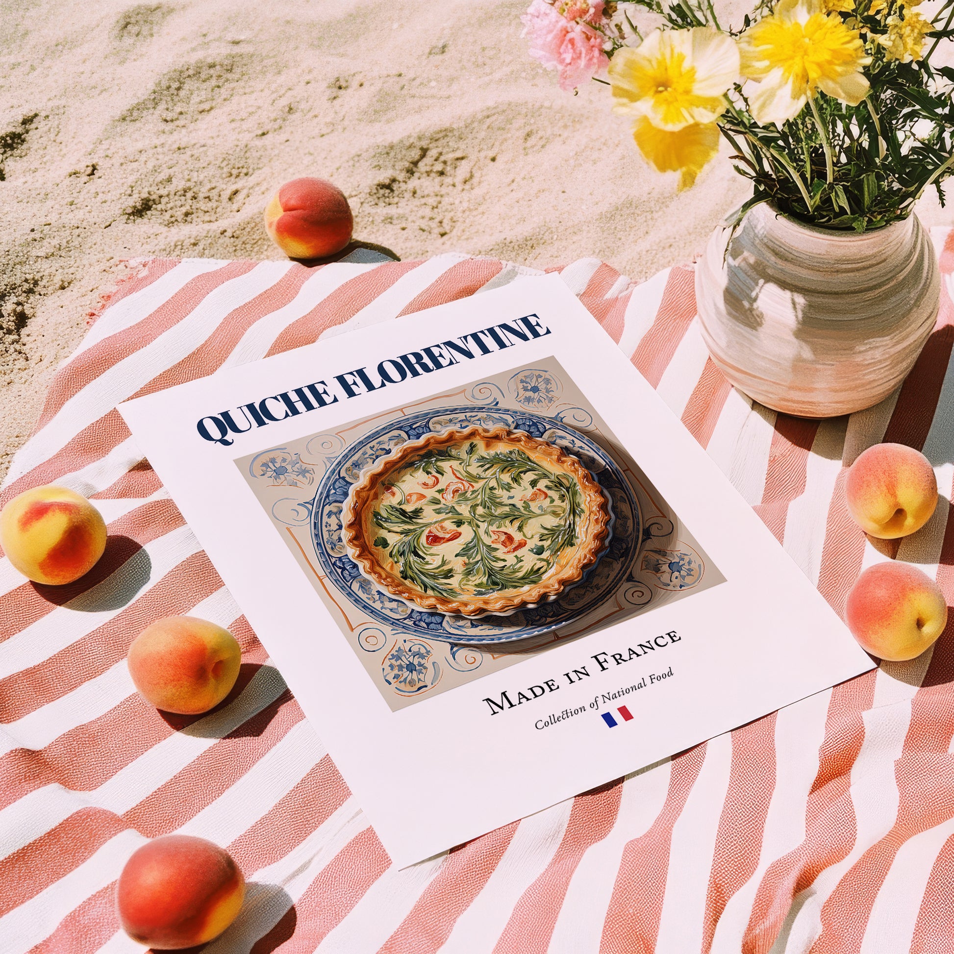 Quiche Florentine – French Dish, Tavern Still Life, unframed on coastal sand