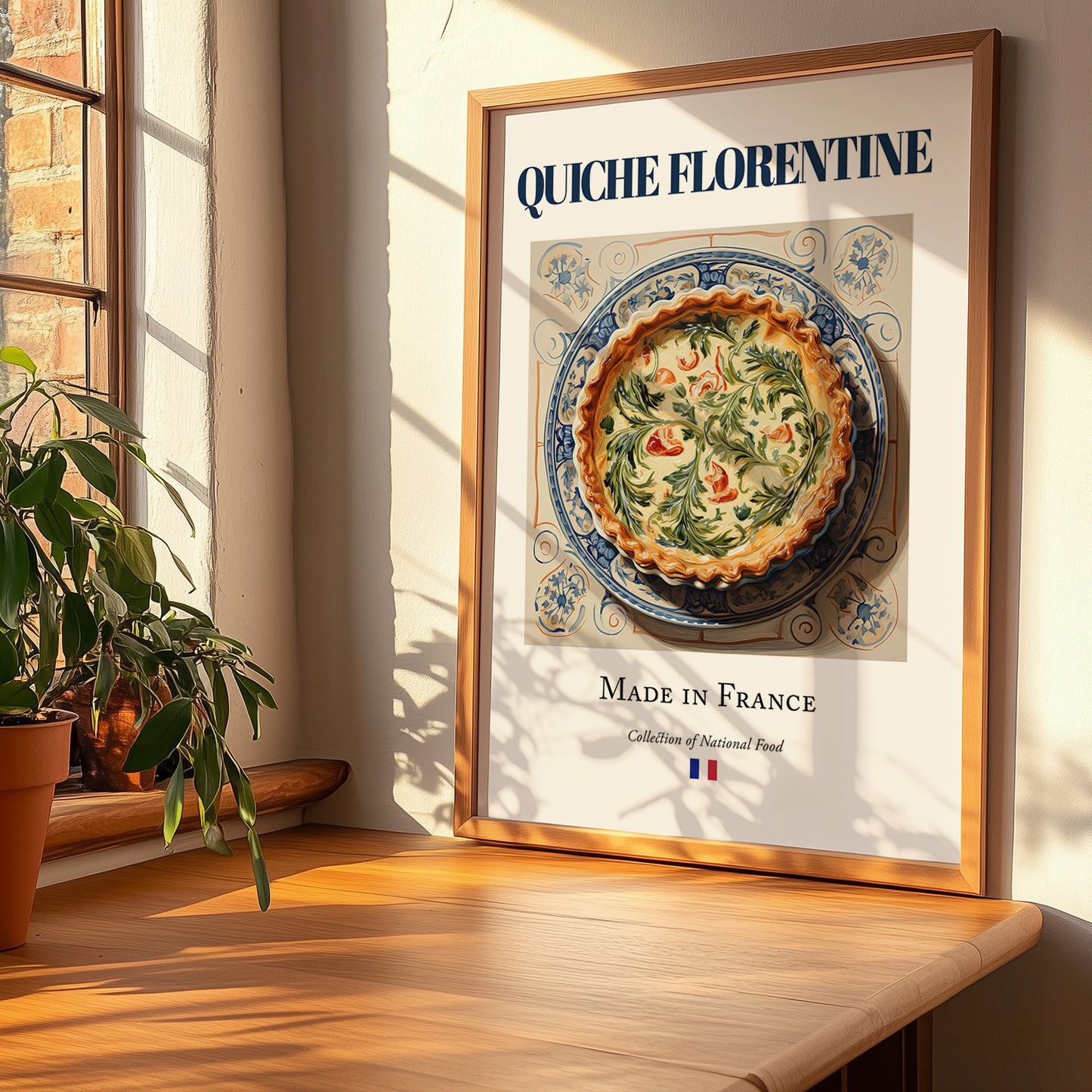 Quiche Florentine – French Dish, Tavern Still Life, no-text version framed in wood
