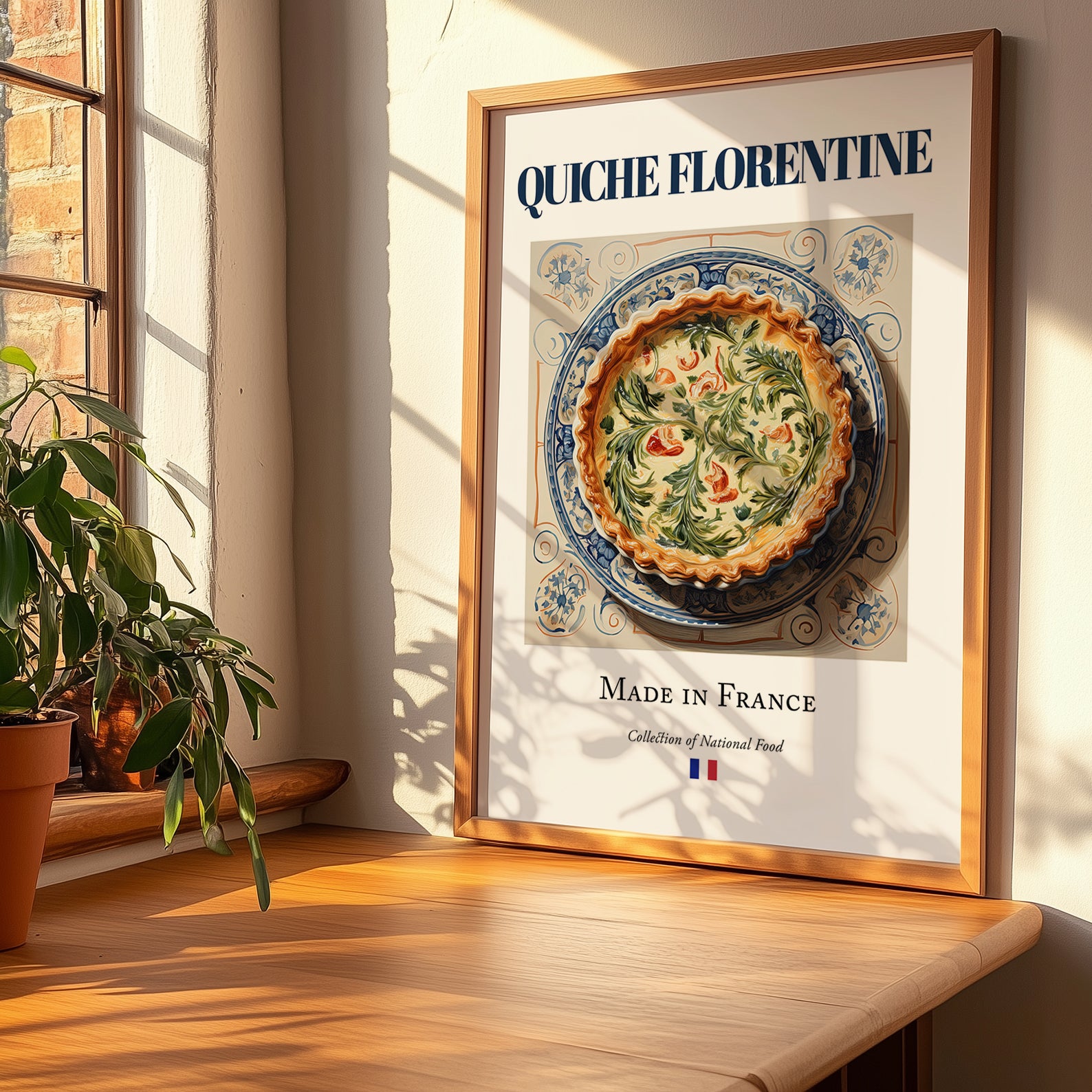 Quiche Florentine – French Dish, Tavern Still Life, no-text version framed in wood