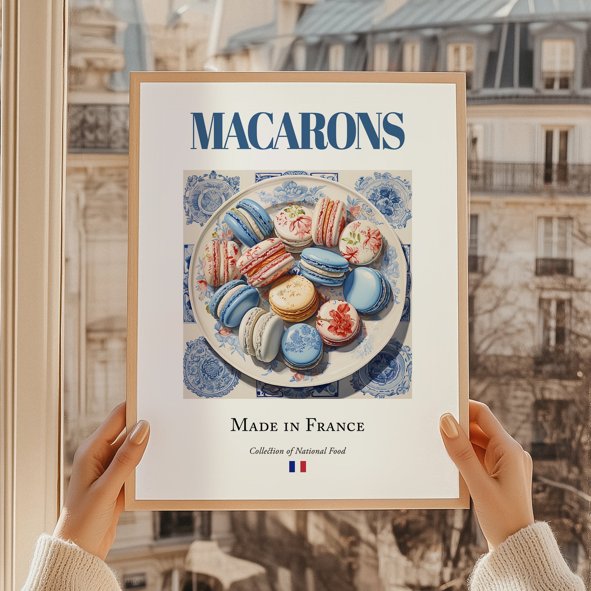 Macarons – French Dessert Dish, Fine Dining Restaurant Wall Art, styled in a charming Paris street view