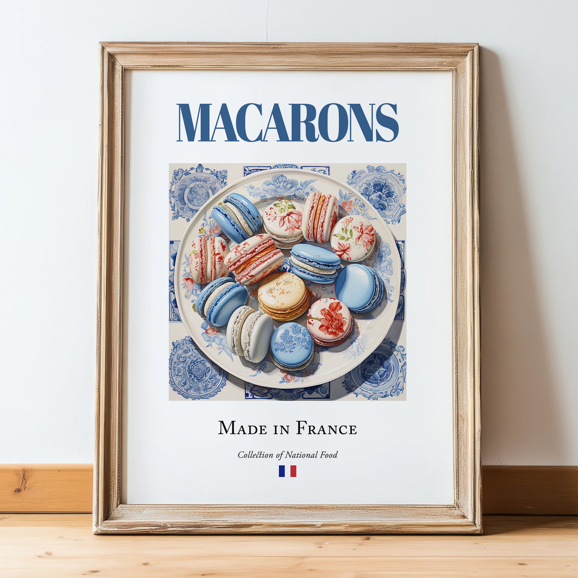 Macarons – French Dessert Dish, Fine Dining Restaurant Wall Art, in wooden frame leaning on the floor