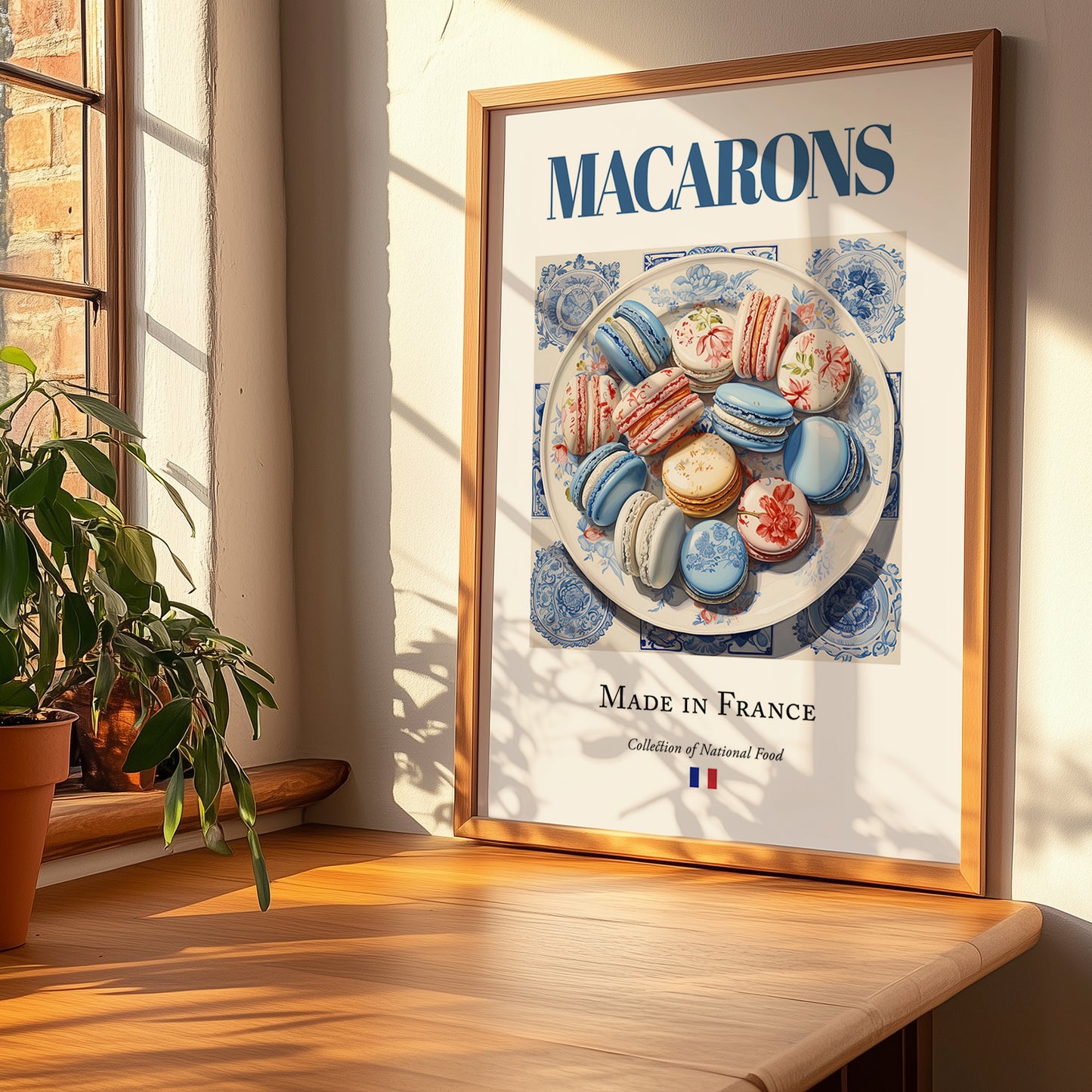 Macarons – French Dessert Dish, Fine Dining Restaurant Wall Art, no-text version framed in wood