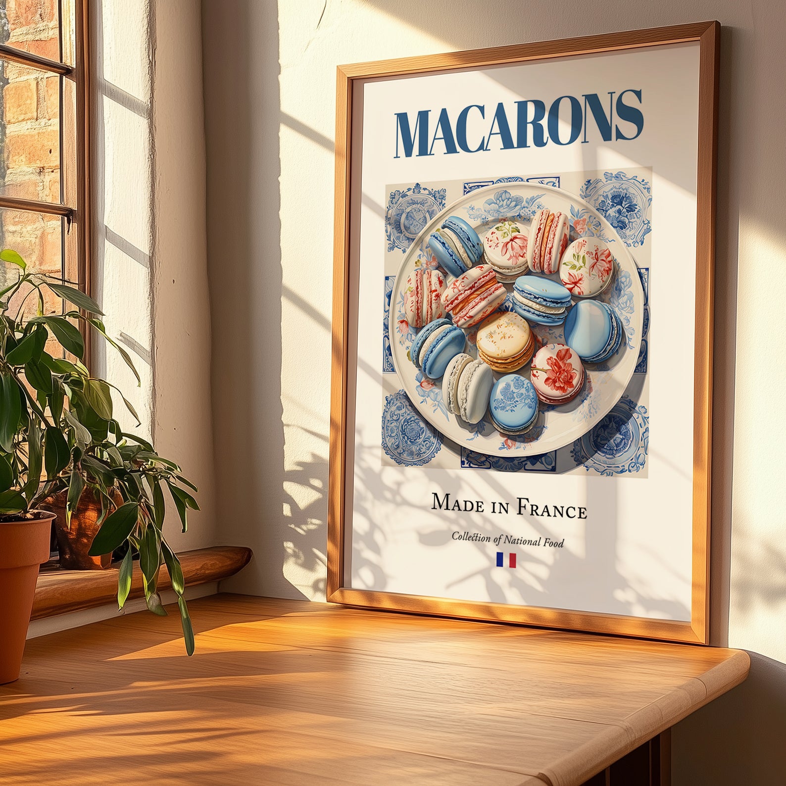 Macarons – French Dessert Dish, Fine Dining Restaurant Wall Art, no-text version framed in wood