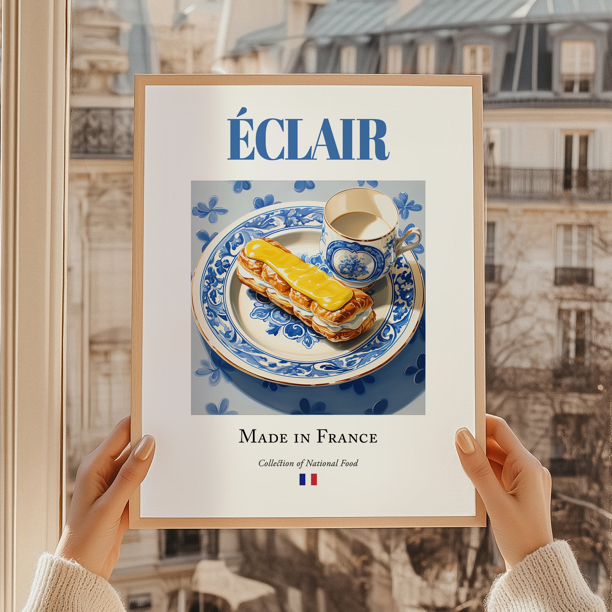 Éclair – French Dessert Dish, Café Wall Decor, styled in a charming Paris street view