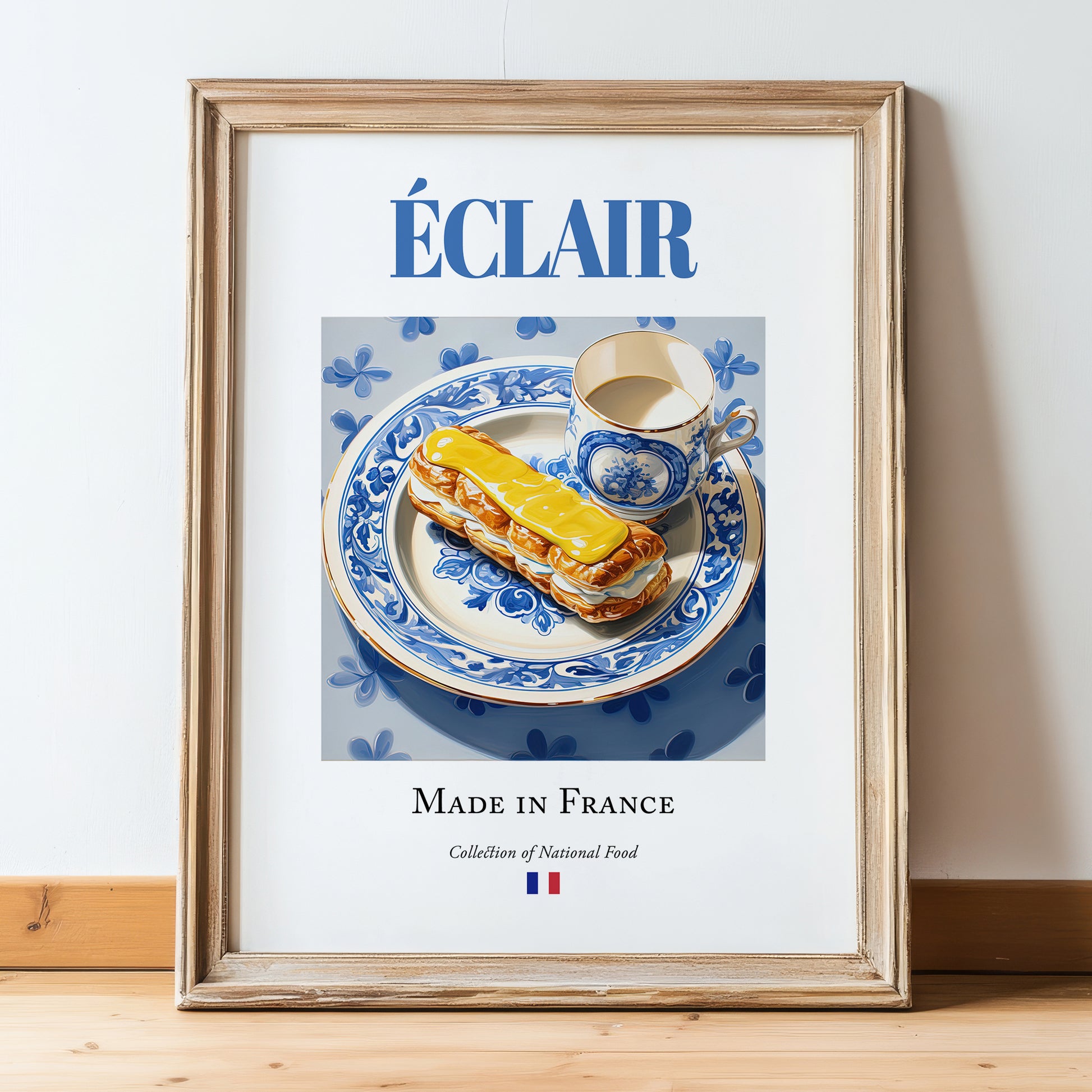 Éclair – French Dessert Dish, Café Wall Decor, in wooden frame leaning on the floor