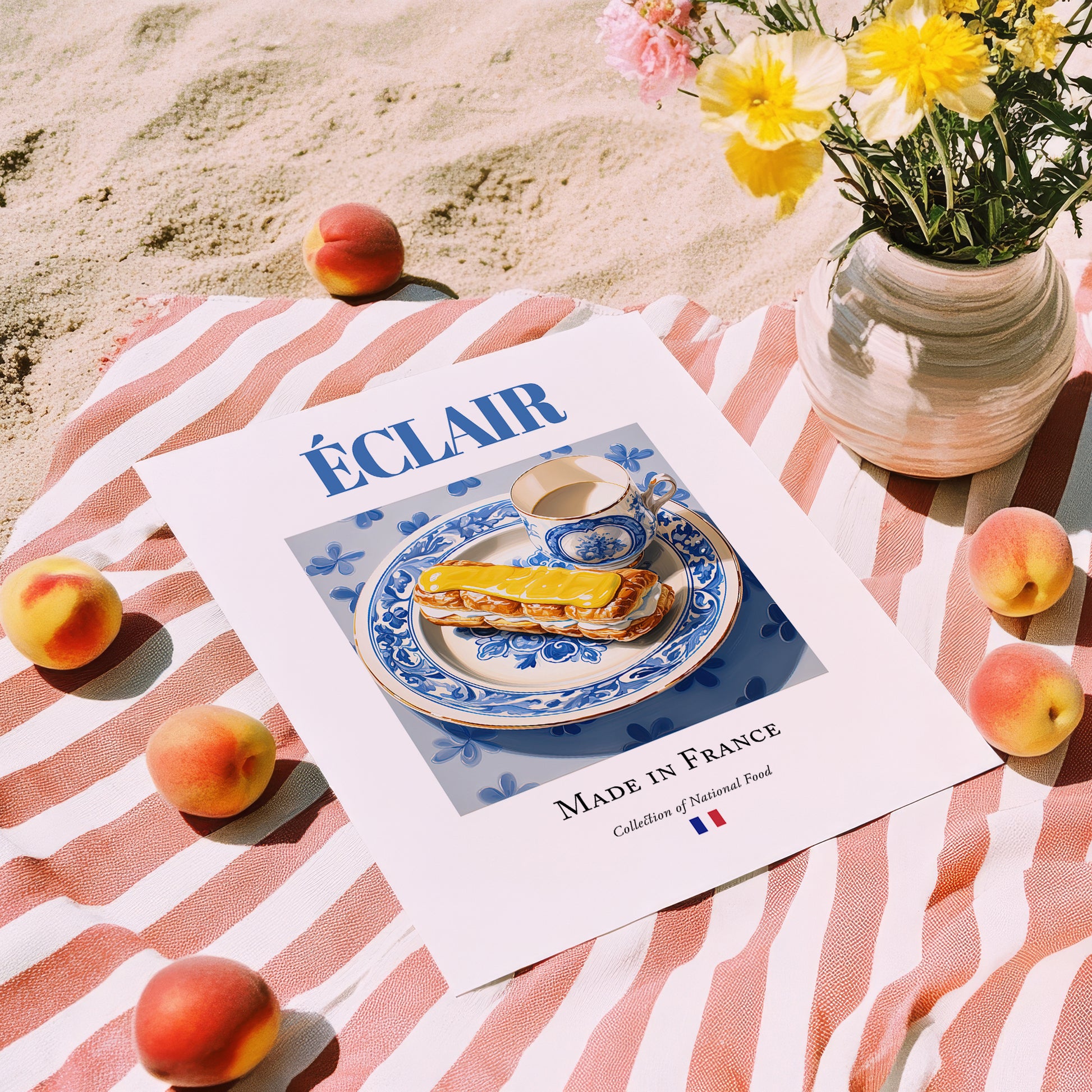 Éclair – French Dessert Dish, Café Wall Decor, unframed on coastal sand
