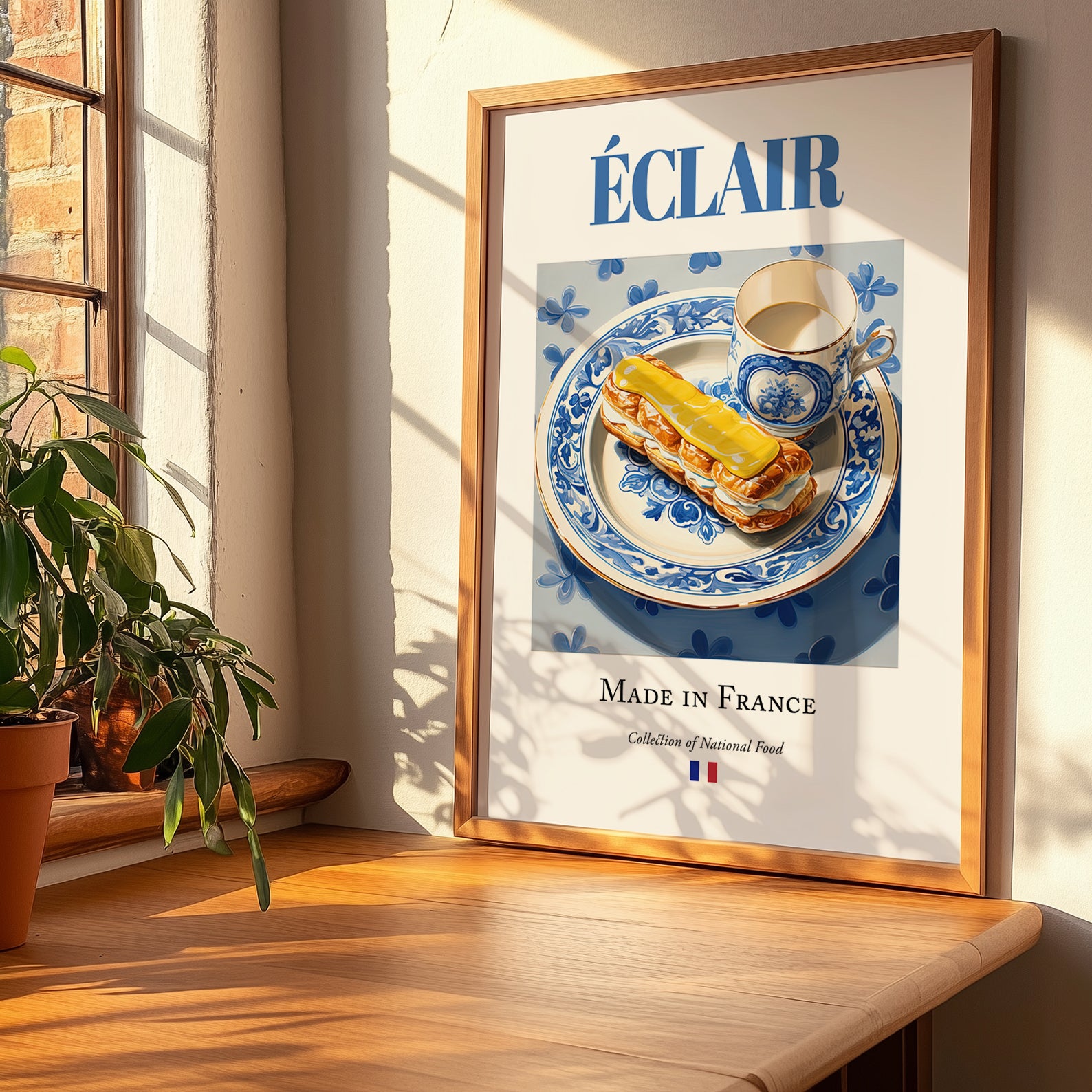 Éclair – French Dessert Dish, Café Wall Decor, no-text version framed in wood