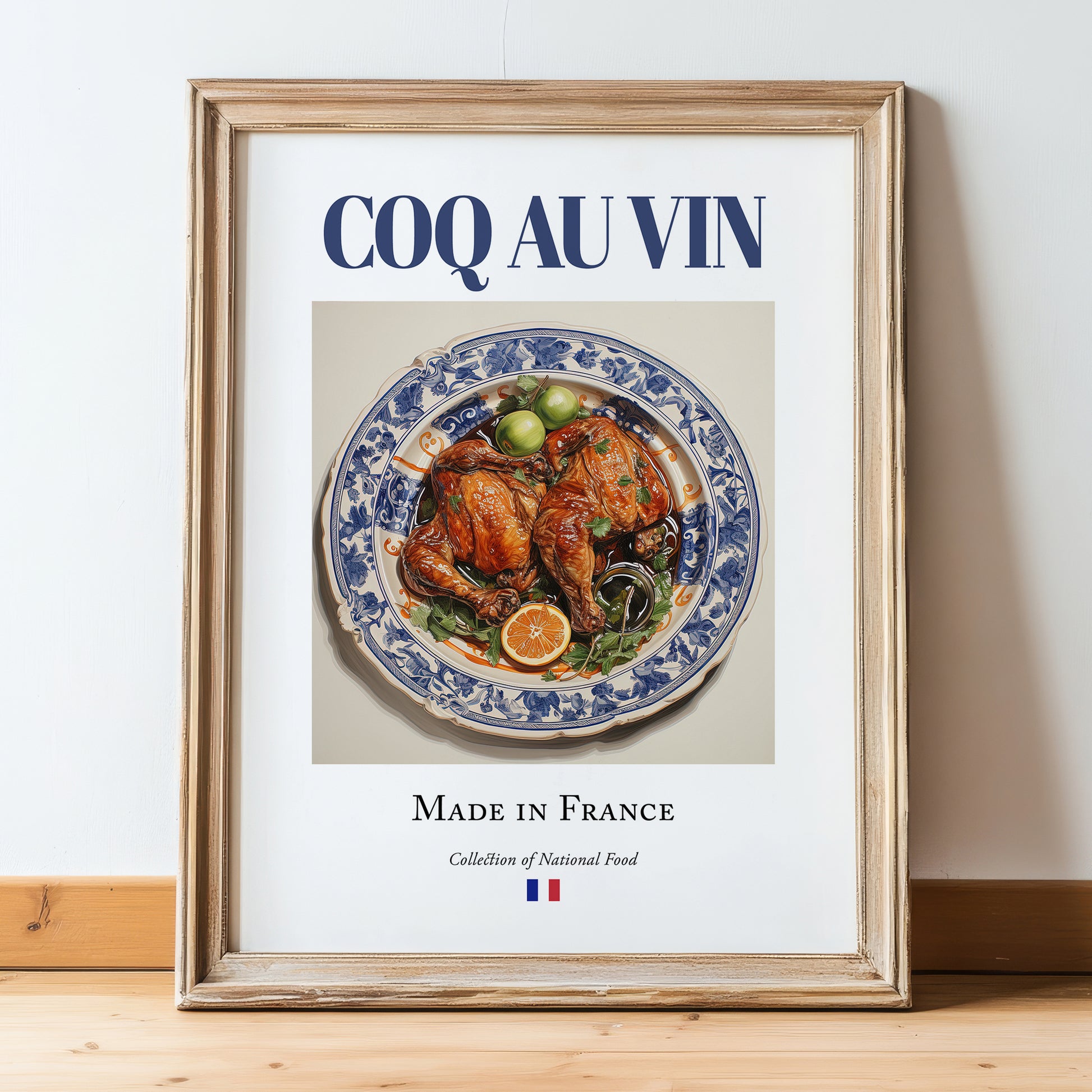 Coq au vin – French Stew Dish, Tavern Poster, in wooden frame leaning on the floor