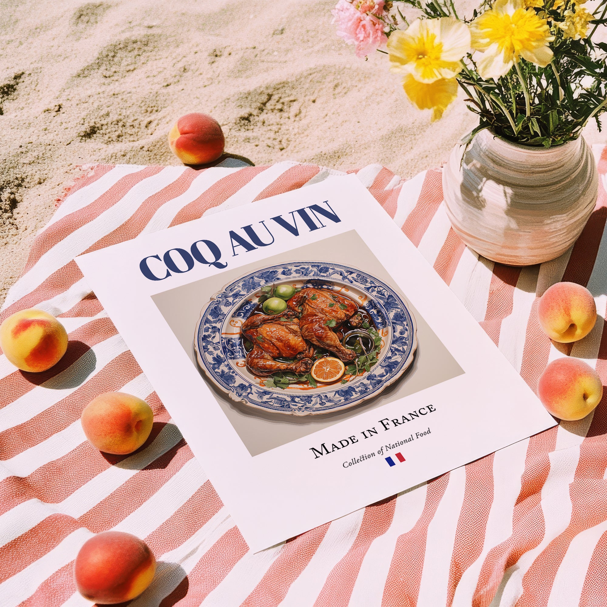 Coq au vin – French Stew Dish, Tavern Poster, unframed on coastal sand