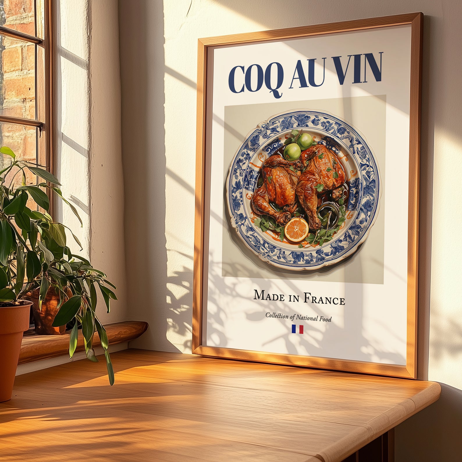 Coq au vin – French Stew Dish, Tavern Poster, no-text version framed in wood