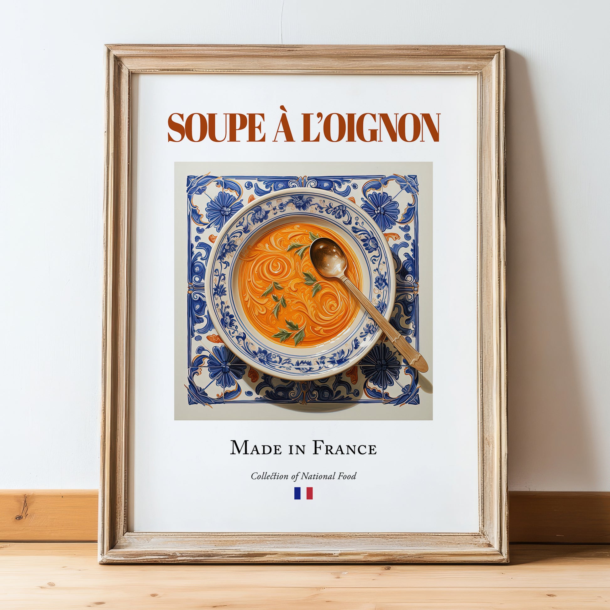 Soupe à l’oignon – French Soup Dish, Tavern Painting, in wooden frame leaning on the floor