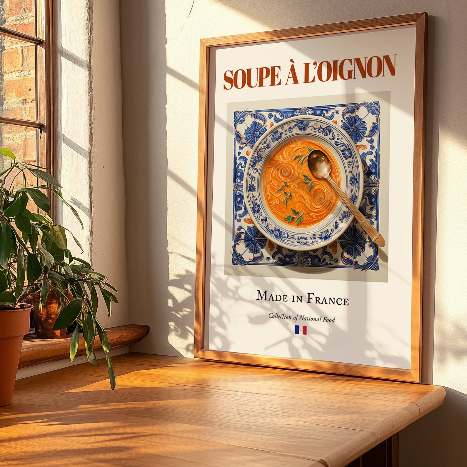 Soupe à l’oignon – French Soup Dish, Tavern Painting, no-text version framed in wood