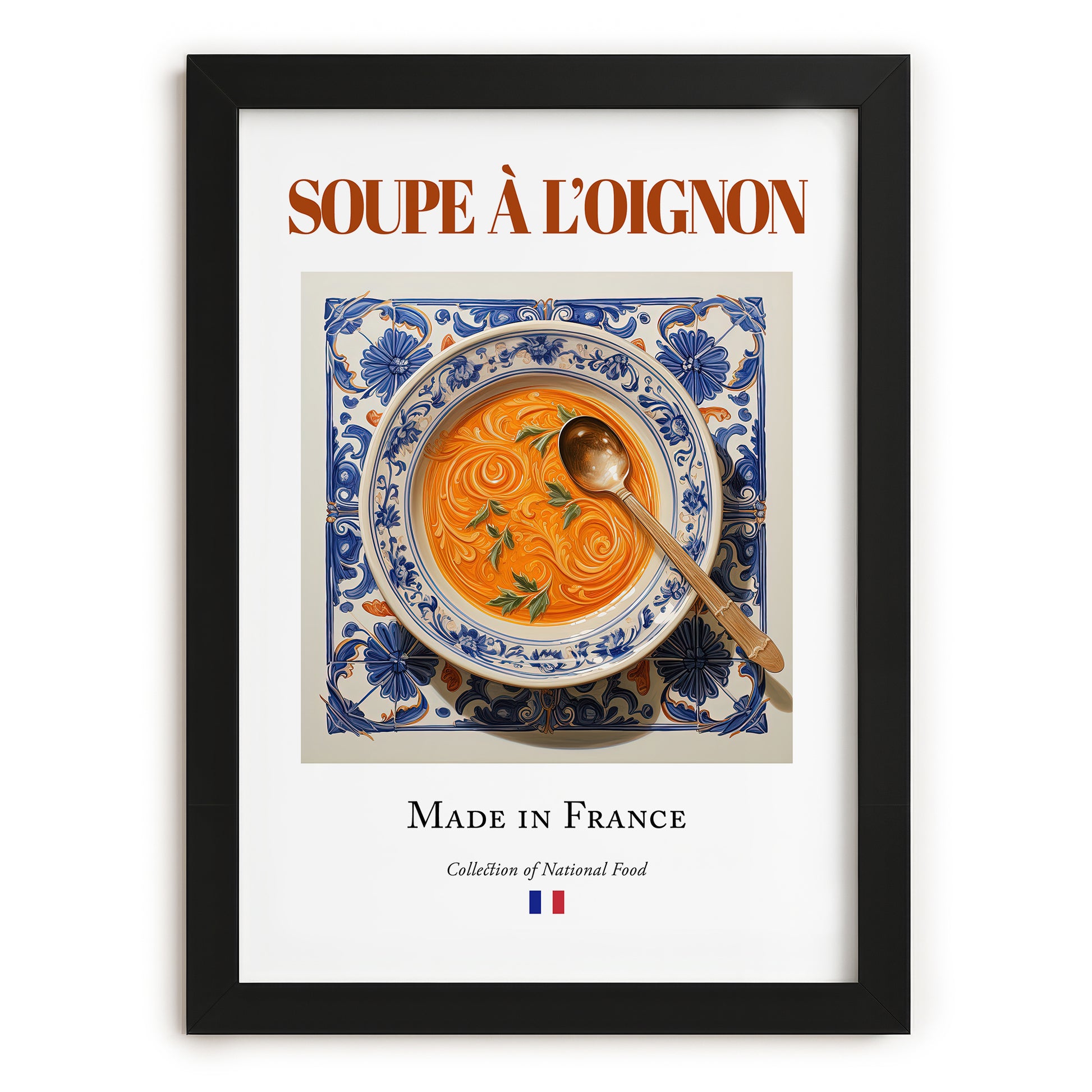 Soupe à l’oignon – French Soup Dish, Tavern Painting, in sleek black frame